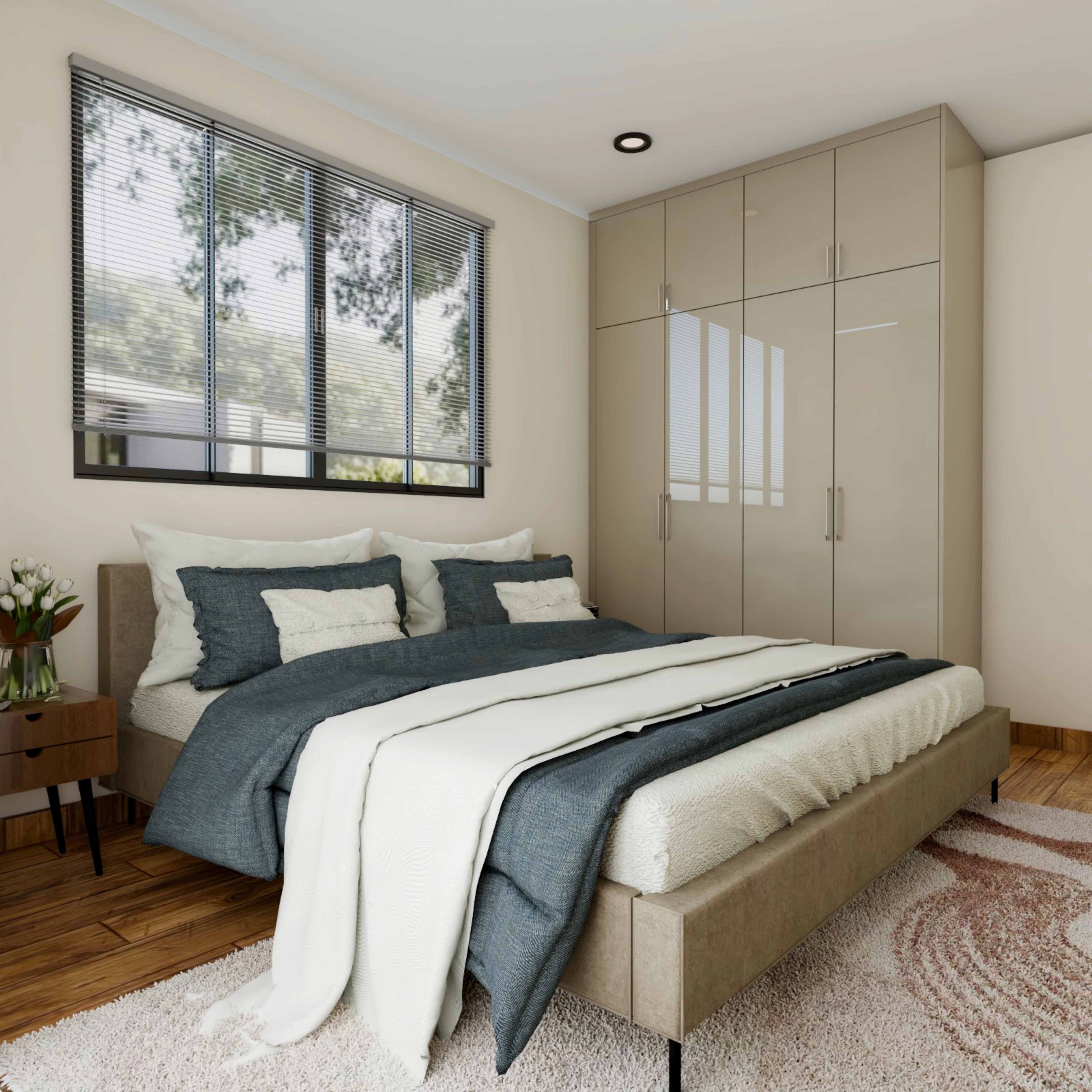 Master Bedroom Design with Beige 4-Door Swing Wardrobe and Wooden Flooring