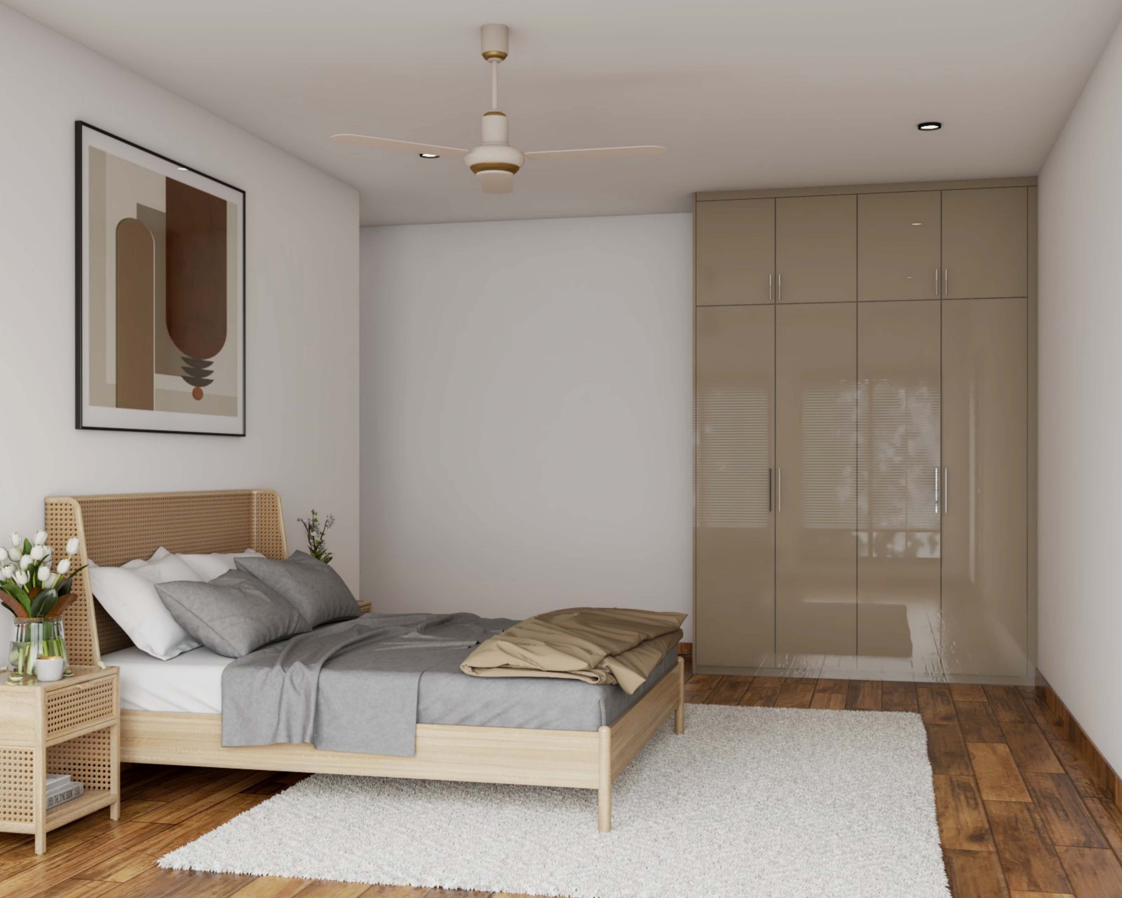 Master Bedroom Design with Beige 4-Door Swing Wardrobe, Cane Bed with Cane Side Table, and White Wall