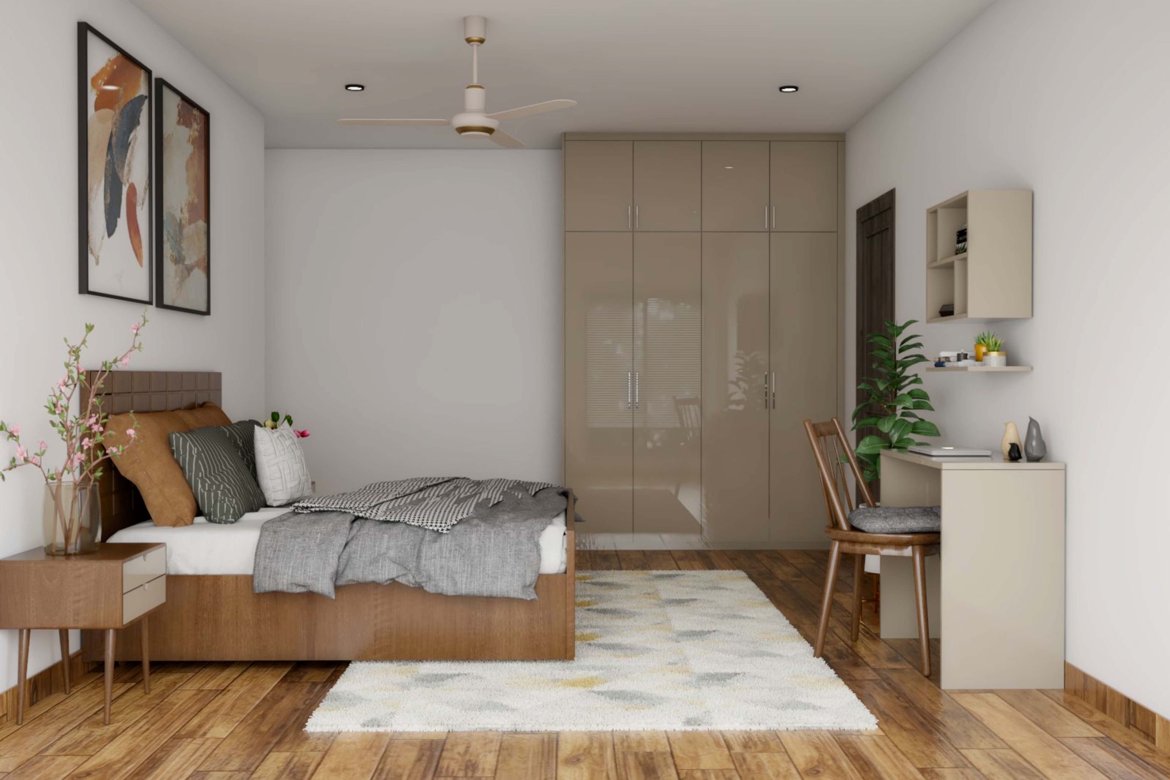 Guest Bedroom Design with Beige 4-Door Swing Wardrobe, Beige Study Space, and Wooden Flooring