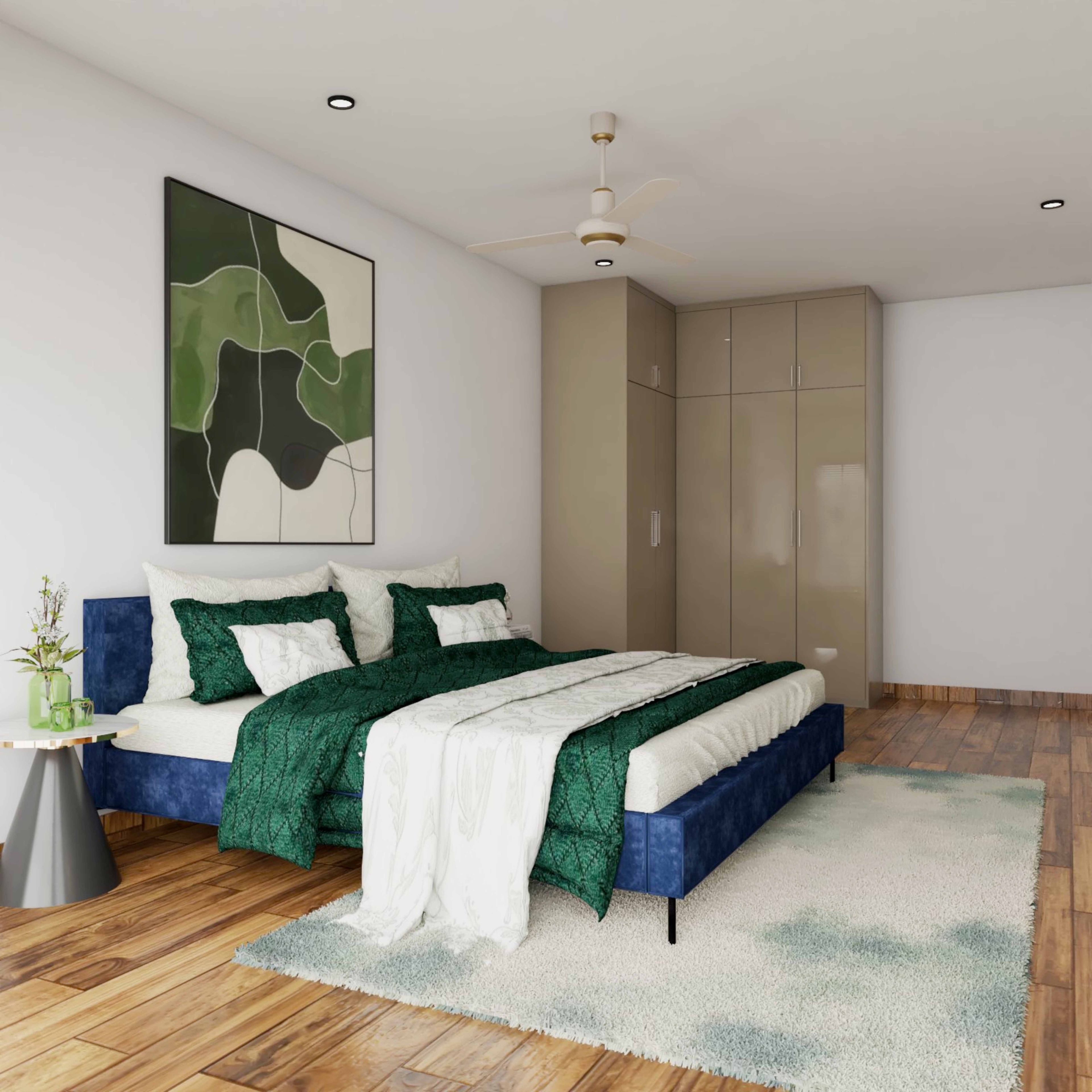 Kids Bedroom Design with Beige L-Corner Swing Wardrobe, Wooden Flooring, and White Wall with Artwork
