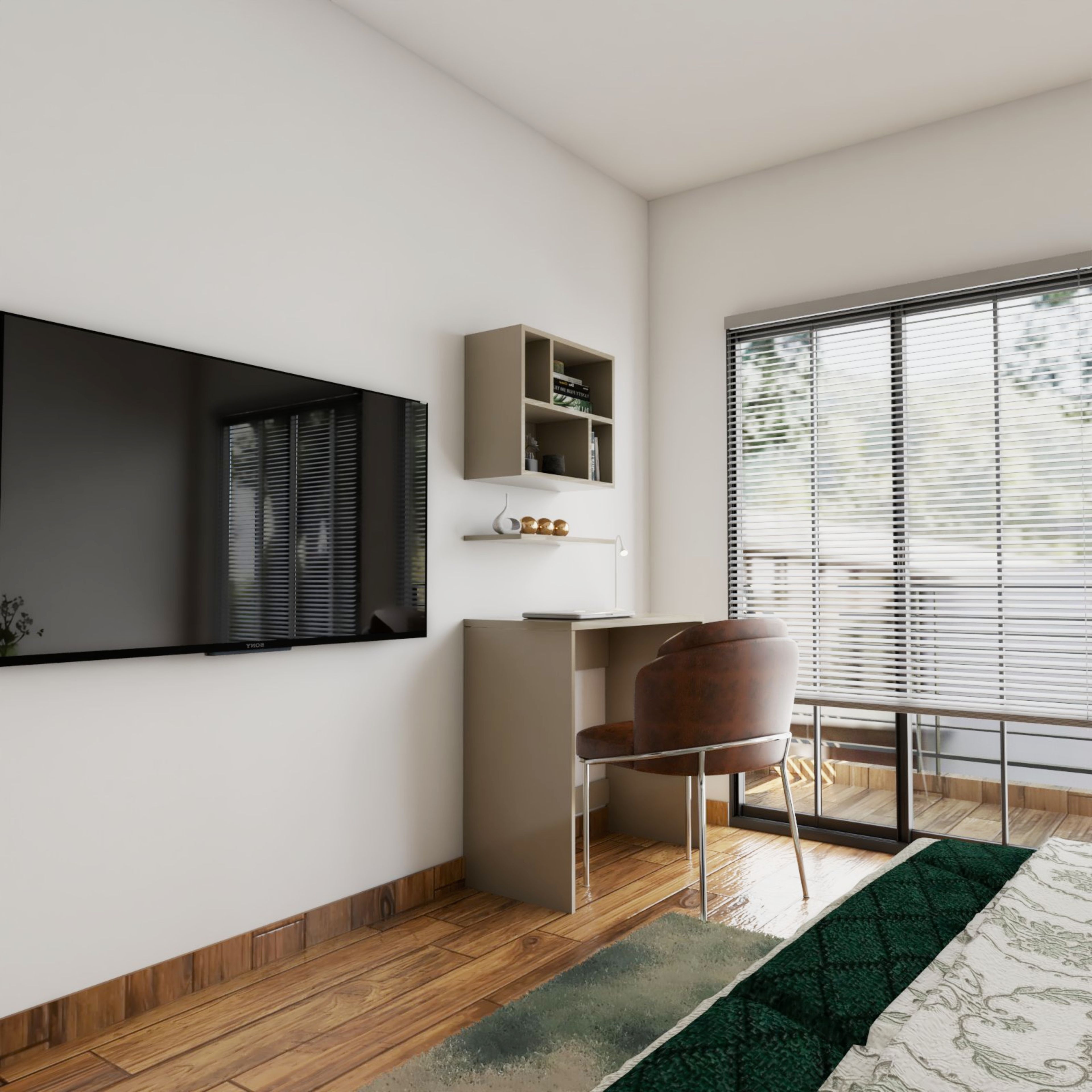 Kids Bedroom Design with TV Unit, Beige Study Desk with Leather Chair, and Wall Shelf