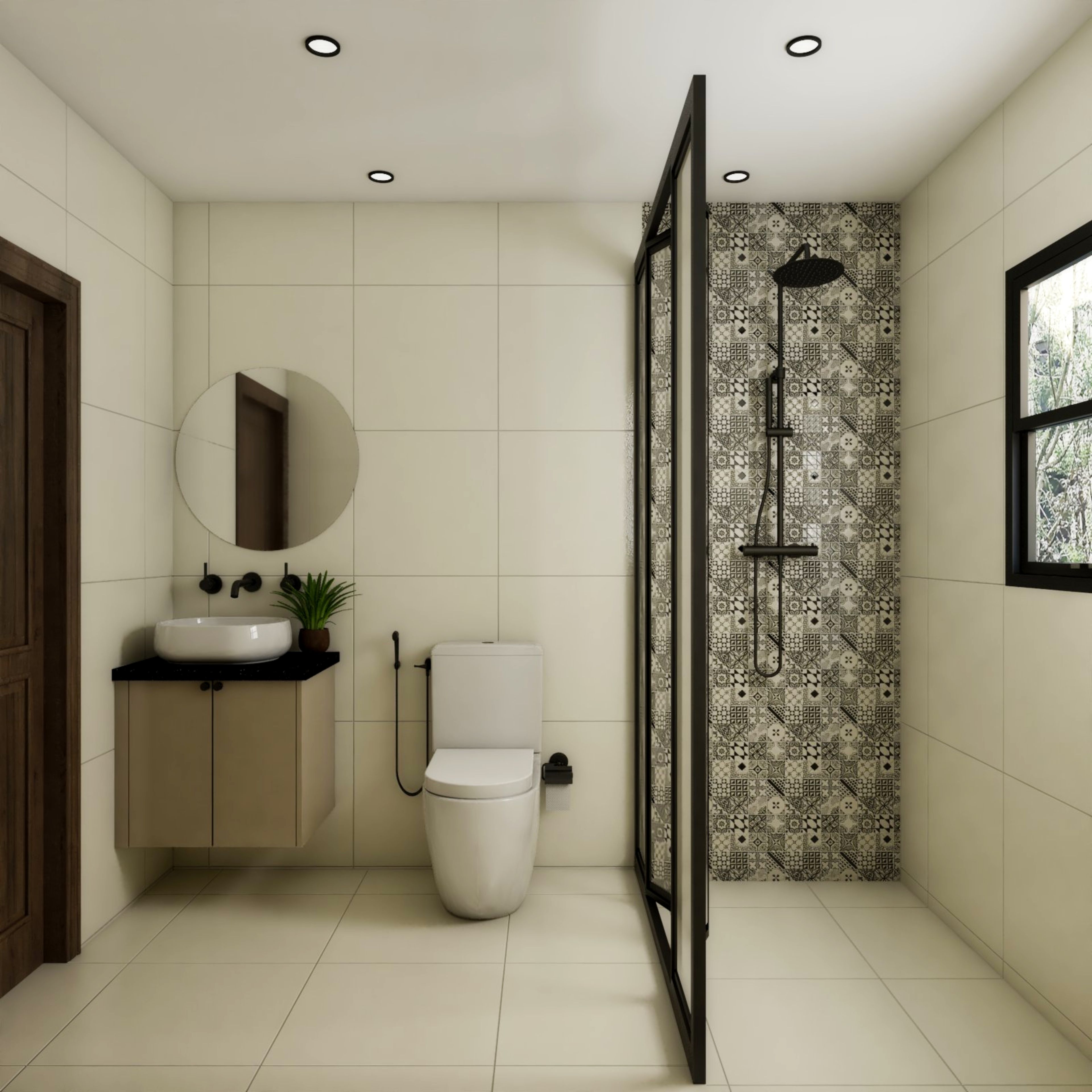 Off-White Bathroom Design with Round Mirror, Beige Under Cabinet and Glass Partition Shower Area
