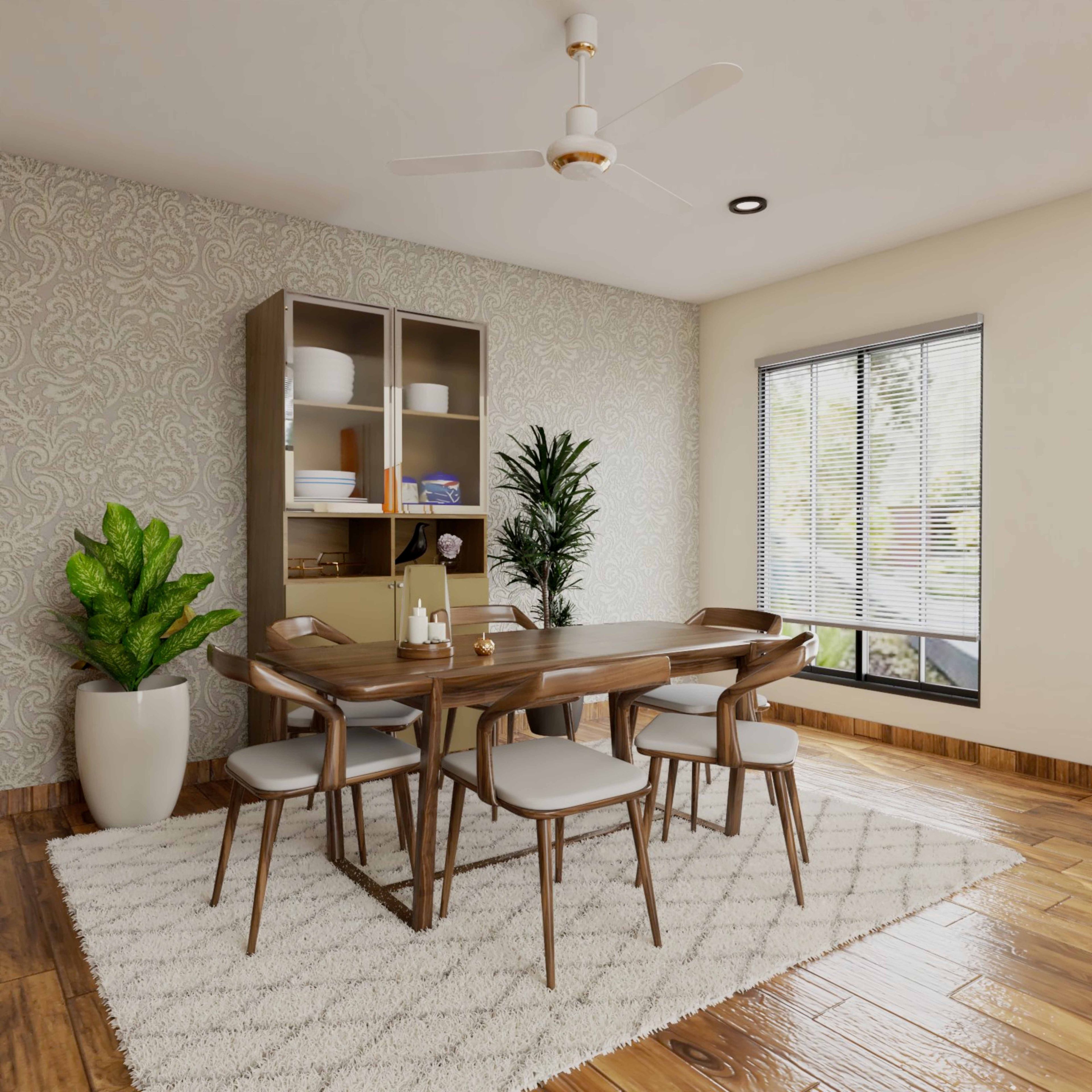 6-Seater Dining Room Design with Wooden Table and Chairs, Ethnic Motif Pattern Beige Wall, and Wooden Cabinet with Open and Closed Units