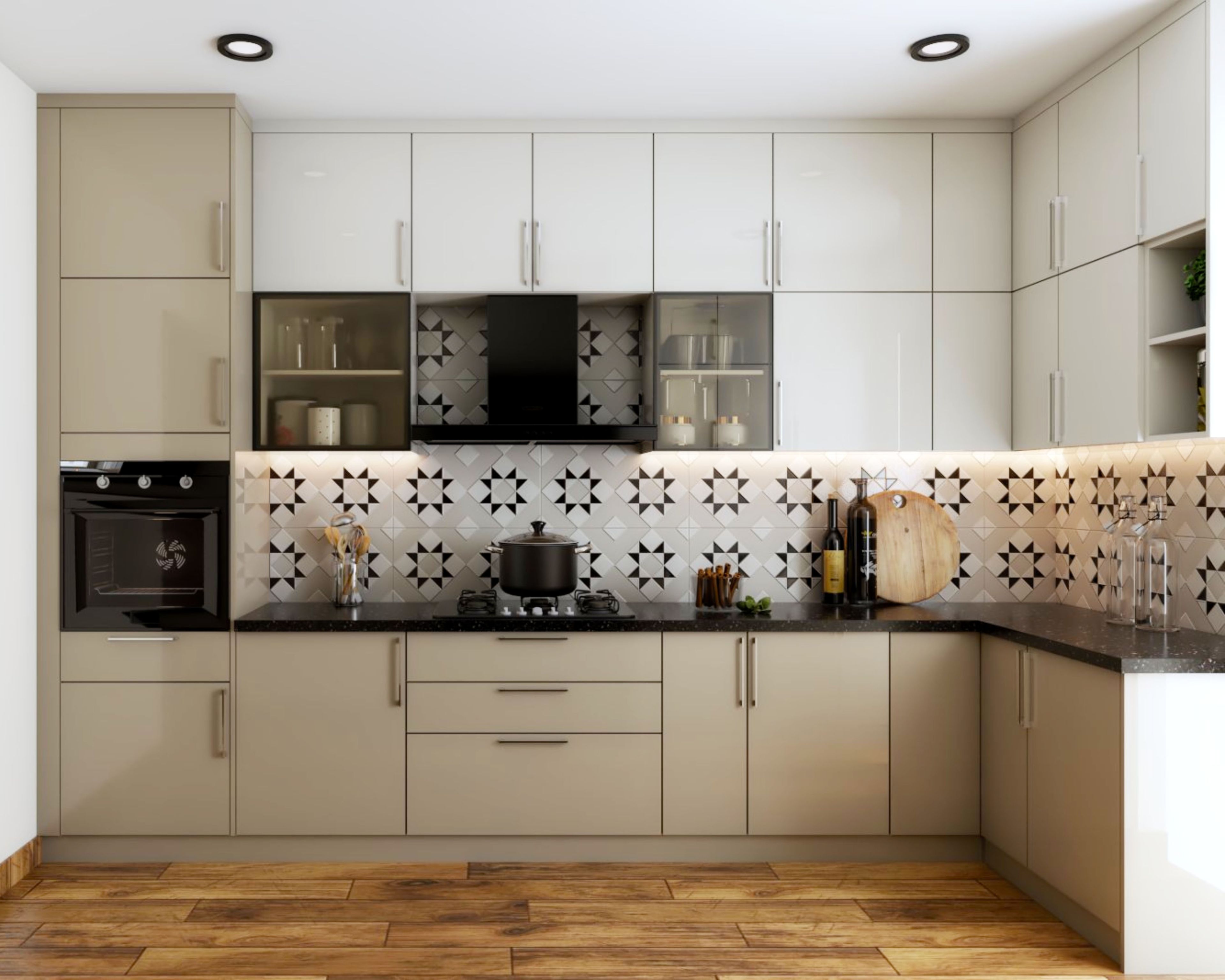 Parallel Kitchen Design with Beige and White Base and Wall Units and Granite Countertop