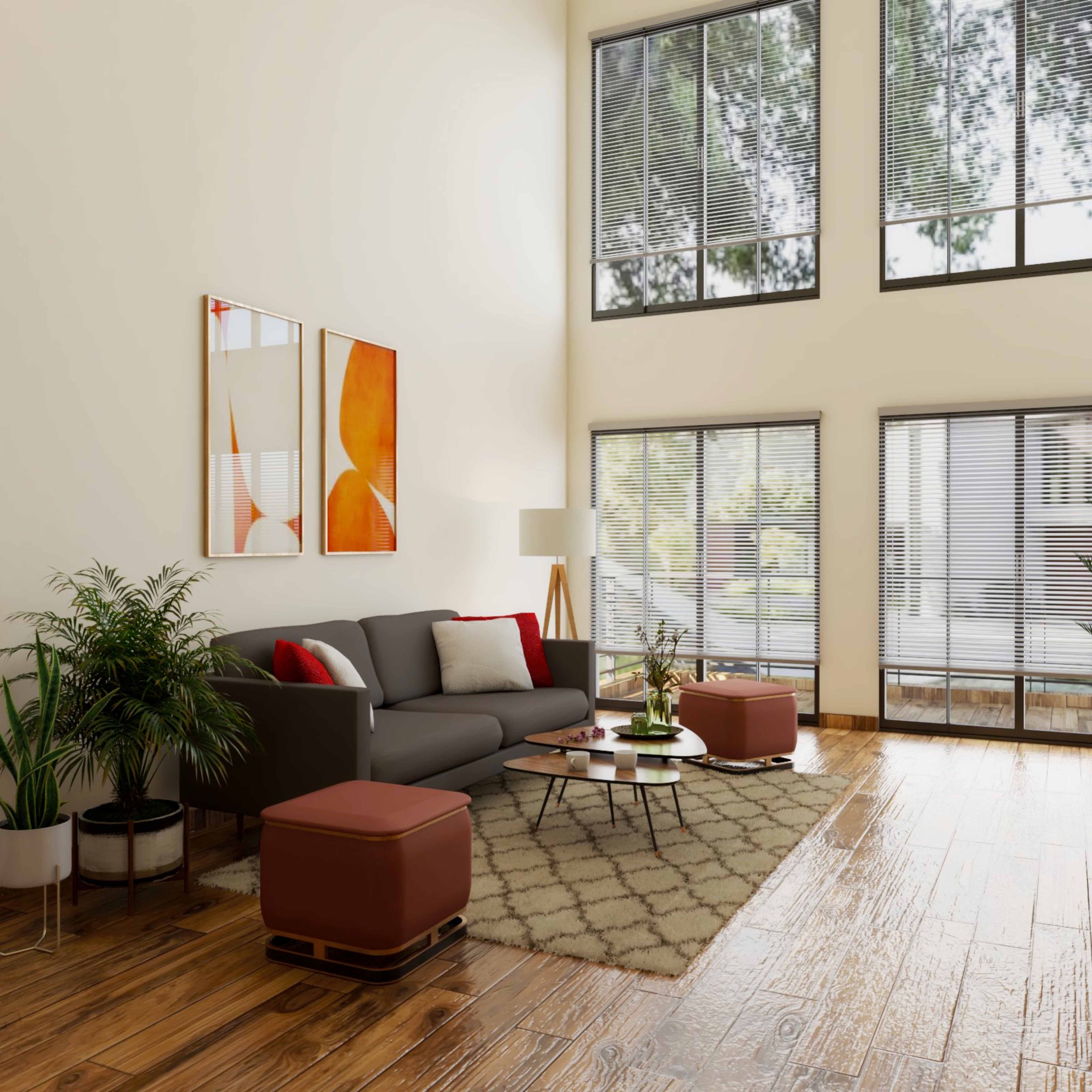 Living Room Design with Grey 2-Seater Sofa, Maroon Ottoman, Wooden Central Table, Floor Lamp and Beige Walls
