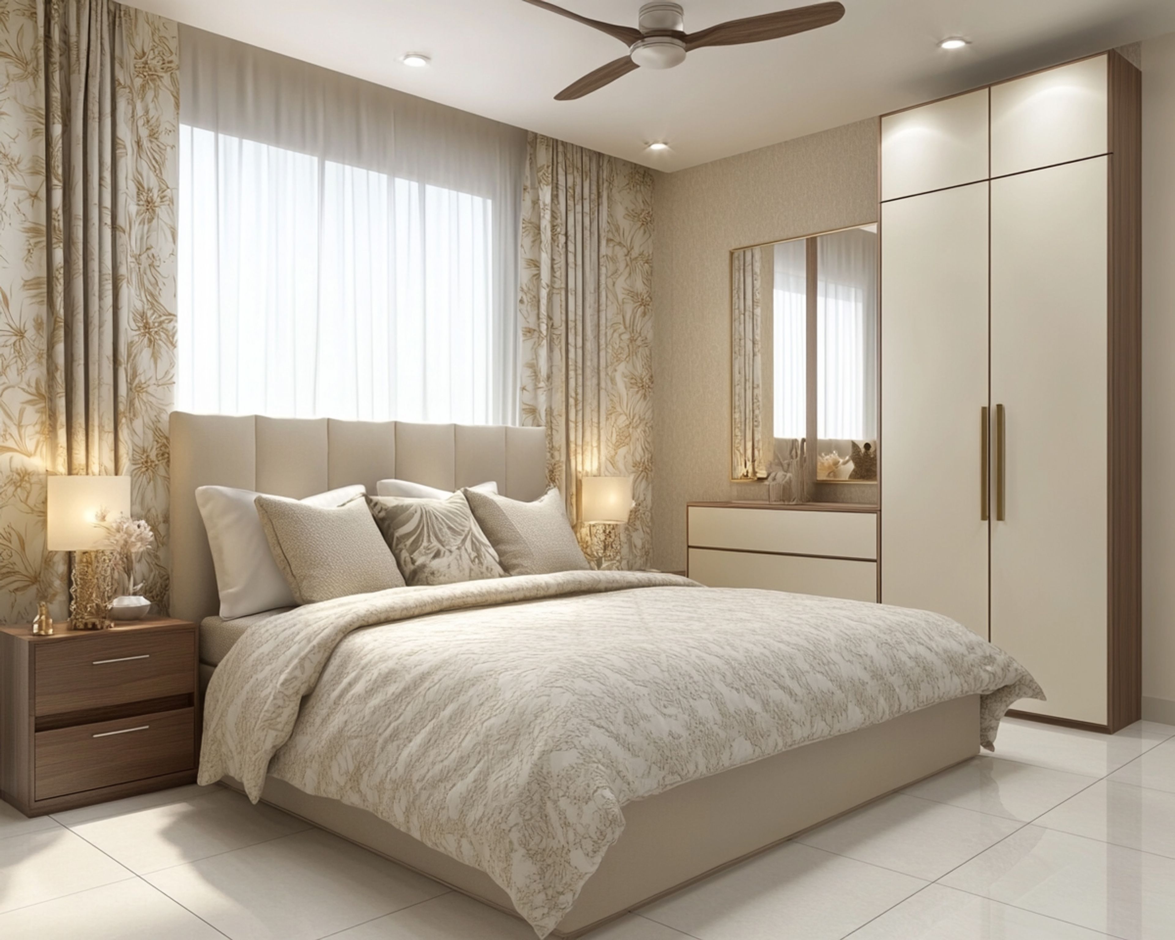Master Bedroom Design with 2-Door Swing Wardrobe, Dresser with Rectangular Mirror and Cabinet Storage, Side Table, and Tufted Headboard Queen Bed