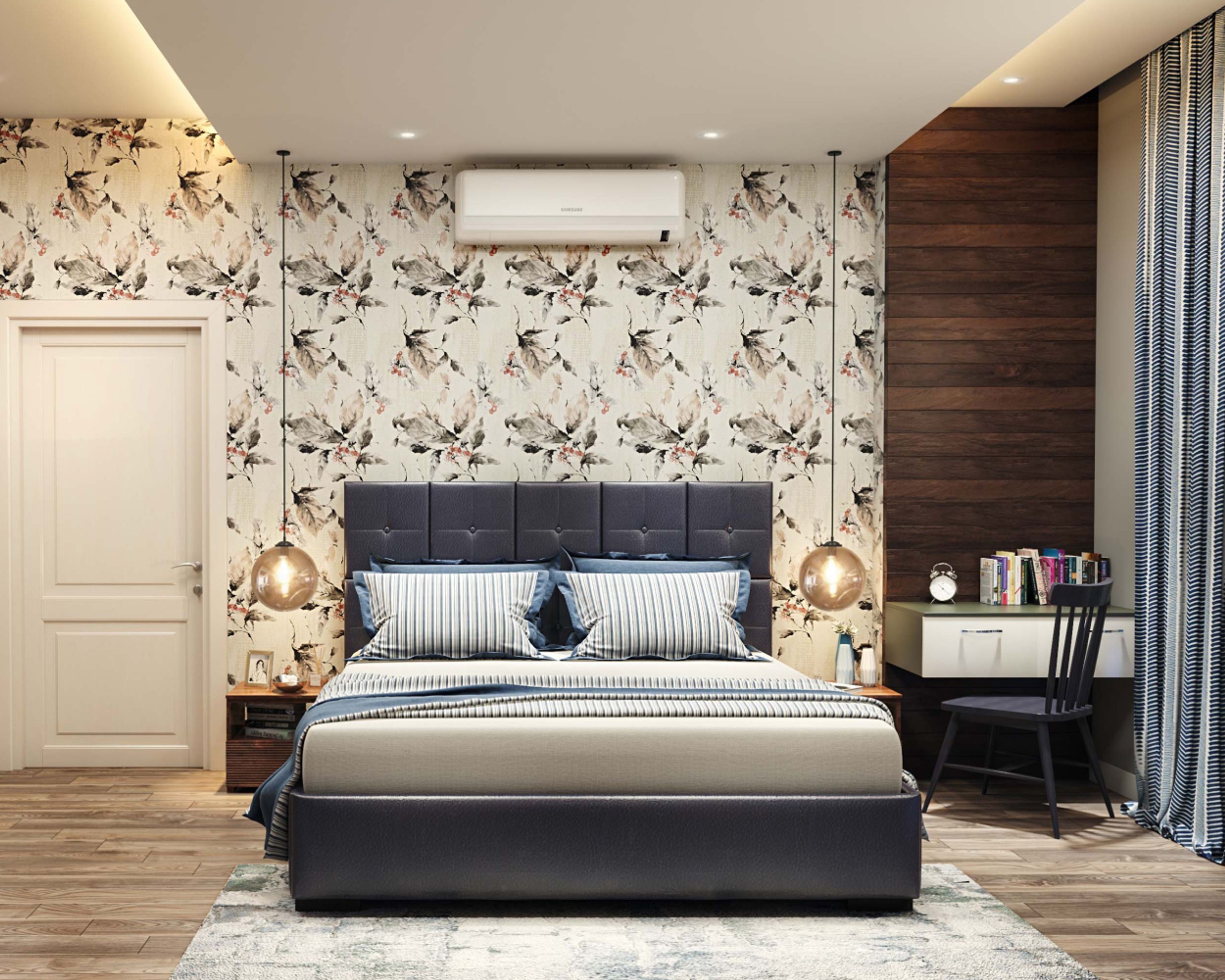 Master Bedroom Design with Floral Wallpaper and Study Space