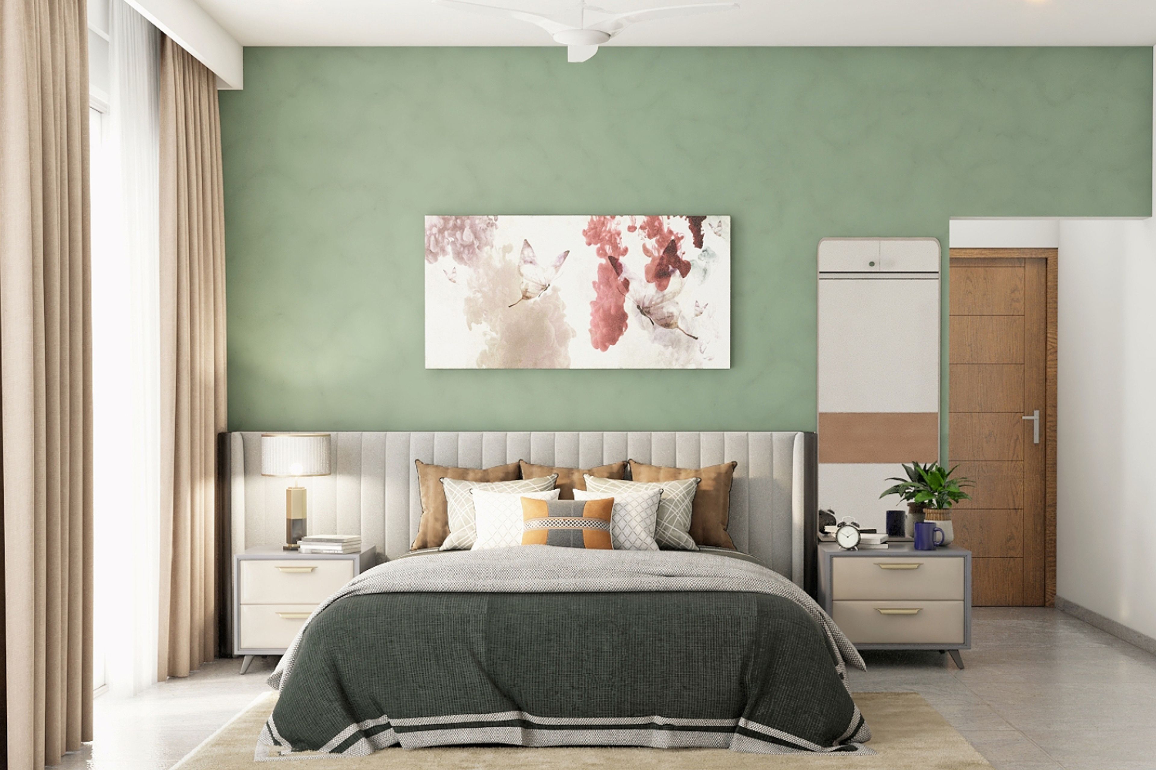 Guest Bedroom Design with Green Walls, Tufted Headboard, Dresser with Rectangular Mirror and Cabinet Storage and Side Table