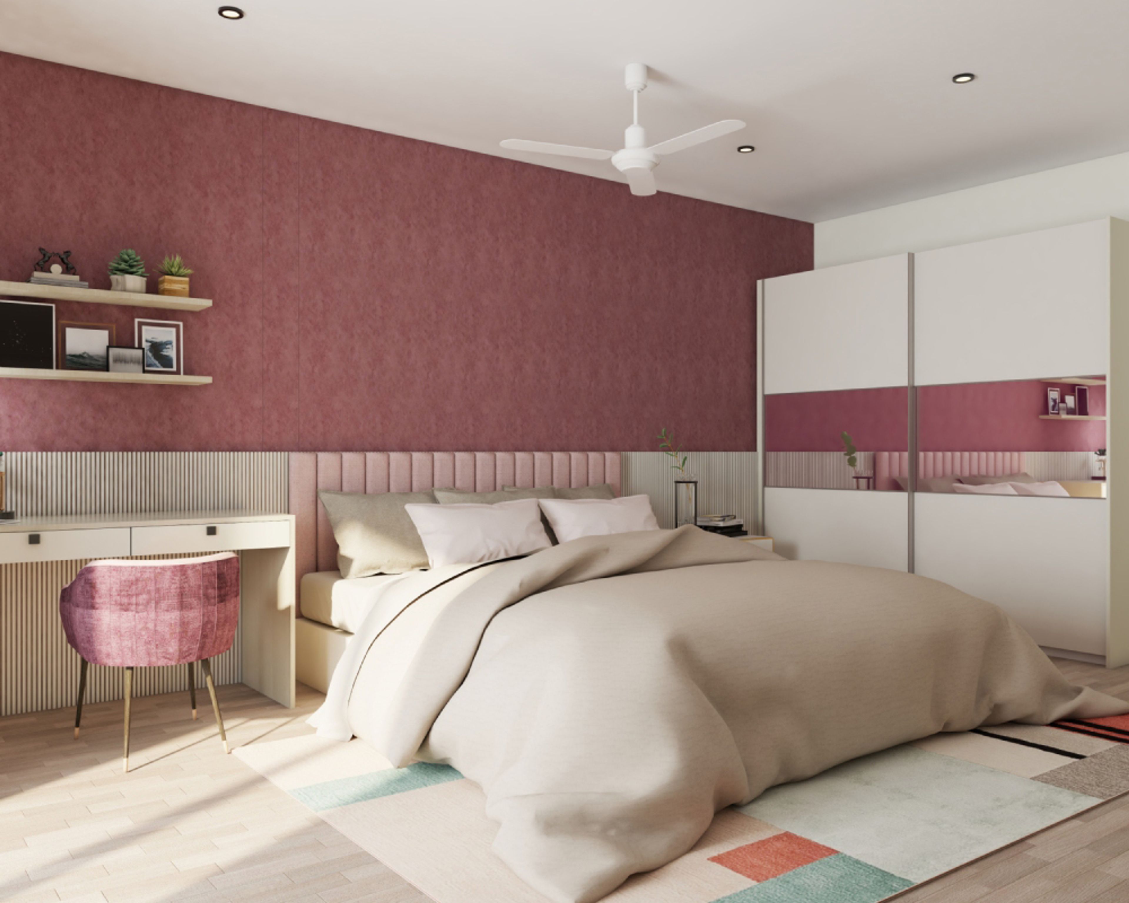 Kids Bedroom Design with Dark Pink Wall, 2-Door Sliding Wardrobe with Integrated Mirror, Study Space with Dark Pink Chair