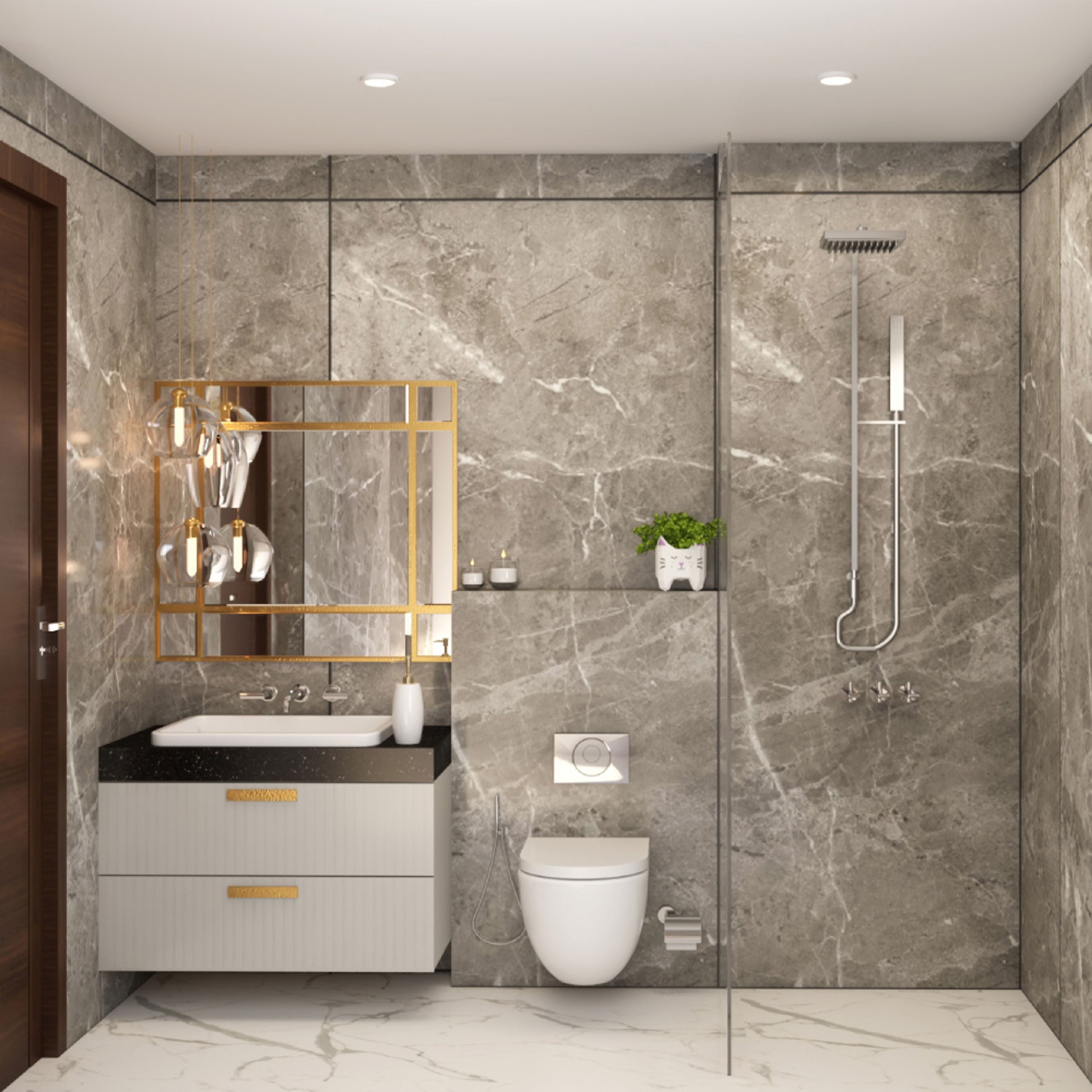 Bathroom Design with Grey Marble Pattern Tiles, Square Mirror with Gold Trims, White Drawers and Glass Partition Shower Area