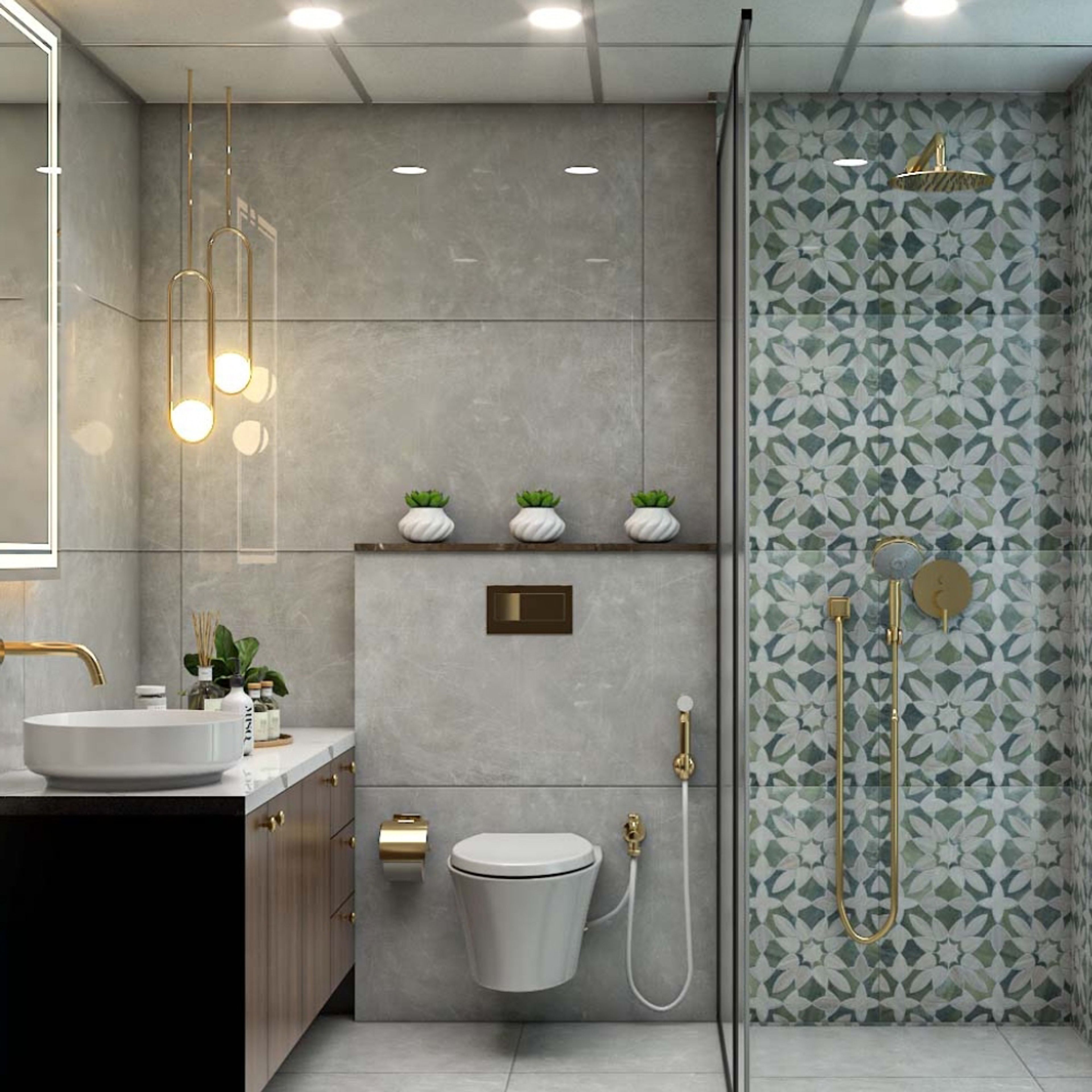 Bathroom Design with Grey Tiles, Rectangular Mirror, Wooden Drawers and Glass Partition Shower Area with Grey Patterned Tiles
