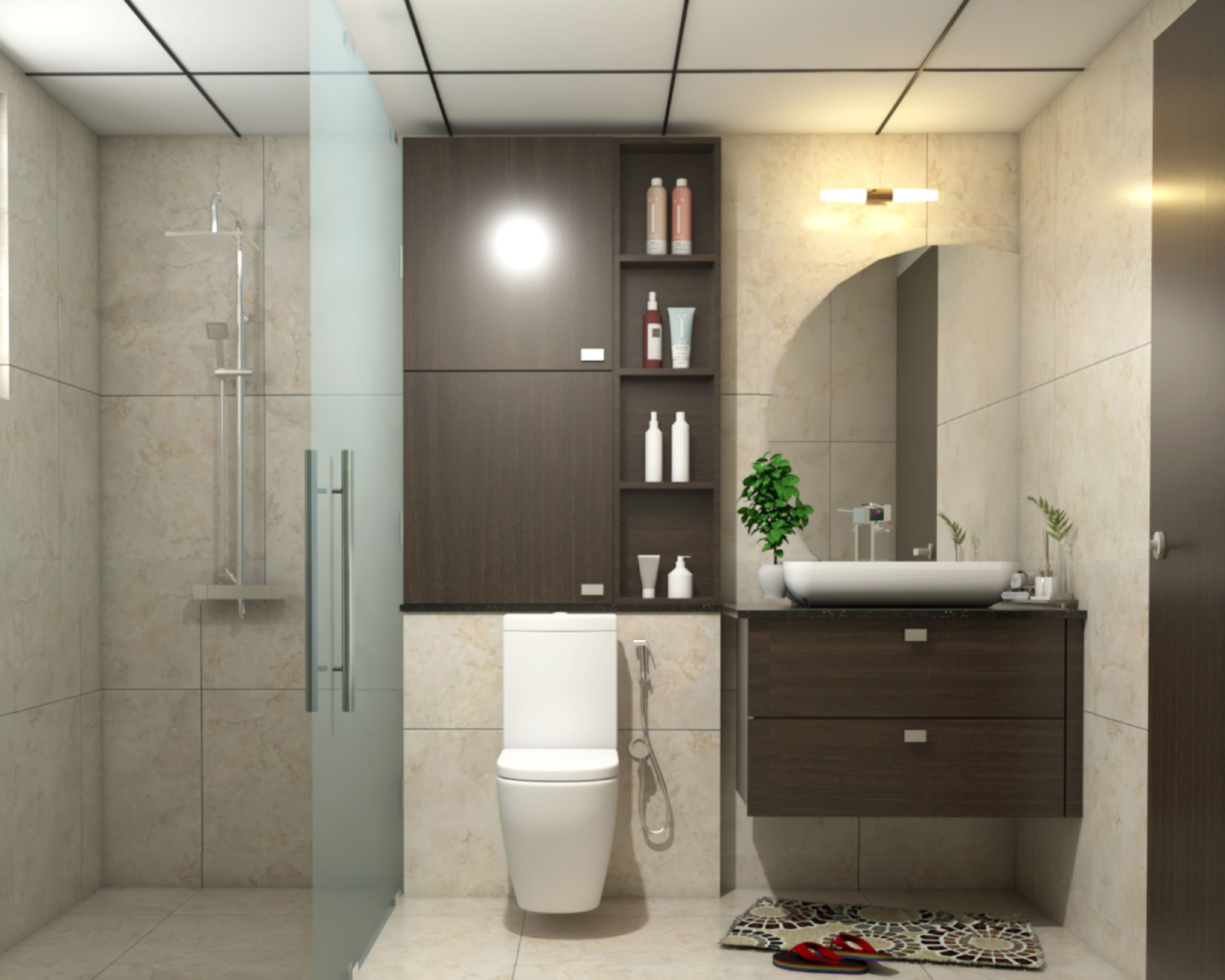 Bathroom Design with Beige Tiles, Crescent Moon Mirror, Wooden Drawers and Wall Cabinet and Glass Partition Shower Area
