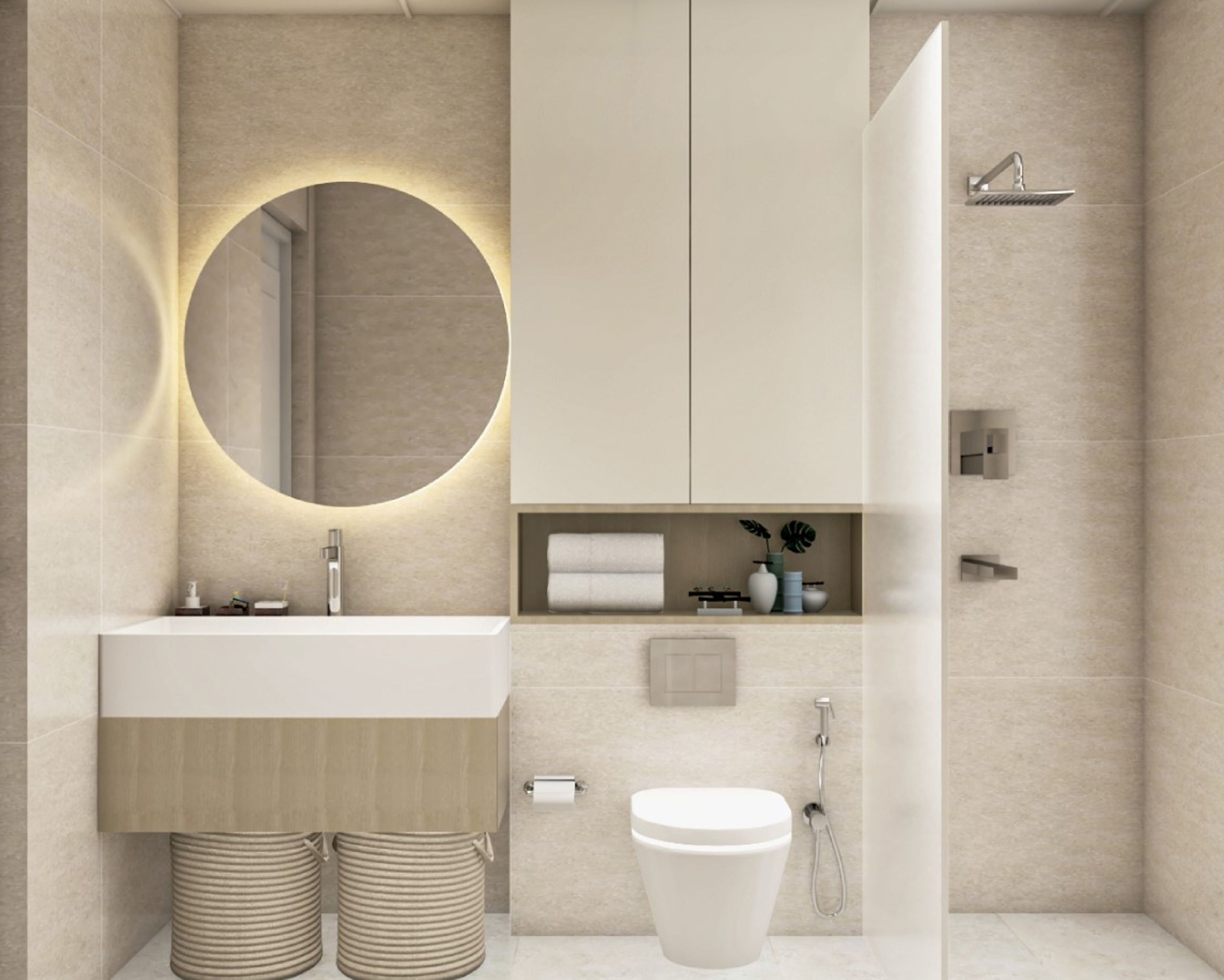 Bathroom Design with Beige Tiles, Round Mirror with Cove Lights, White Drawers and Glass Partition Shower Area