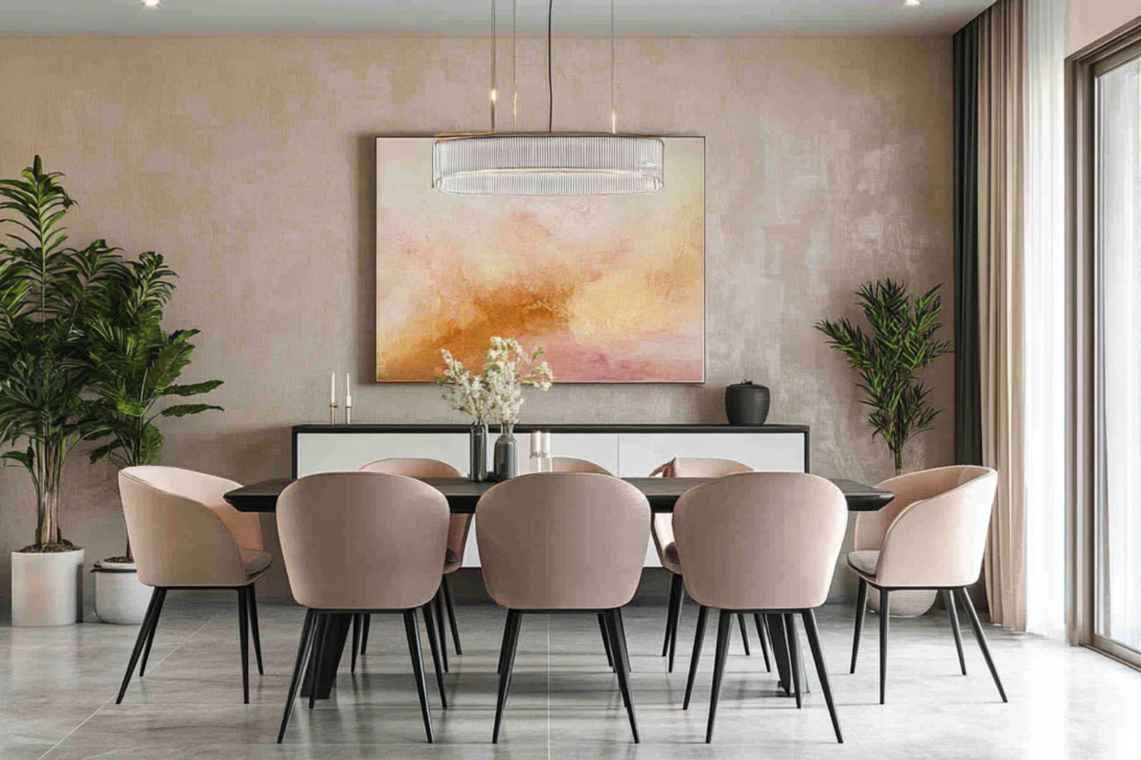 8-Seater Dining Room Design with Beige Chairs, Beige Textured Walls with Artwork and Chandelier