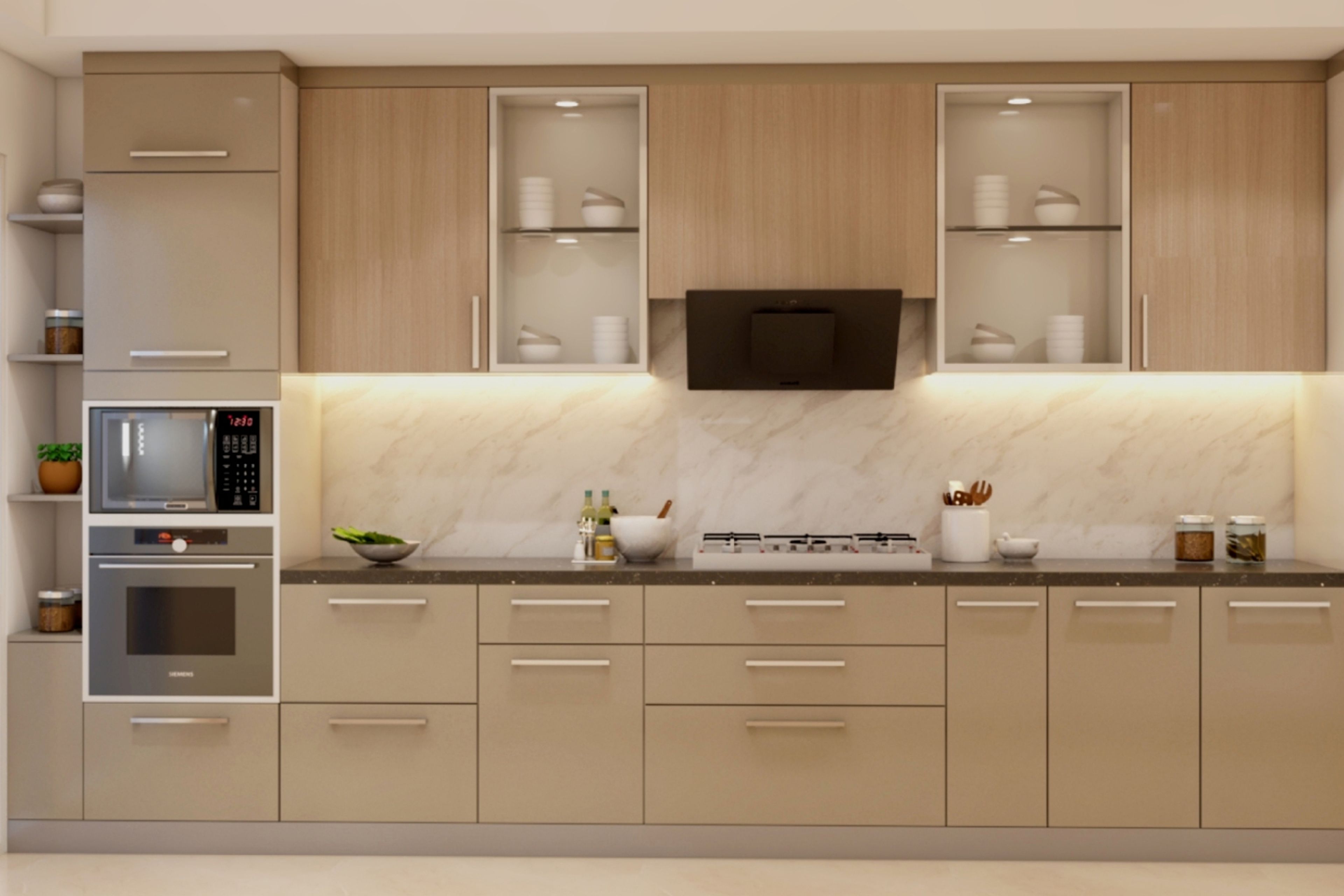 Parallel Kitchen Design with Beige and Natural Wood Base and Wall Units and Granite Countertop