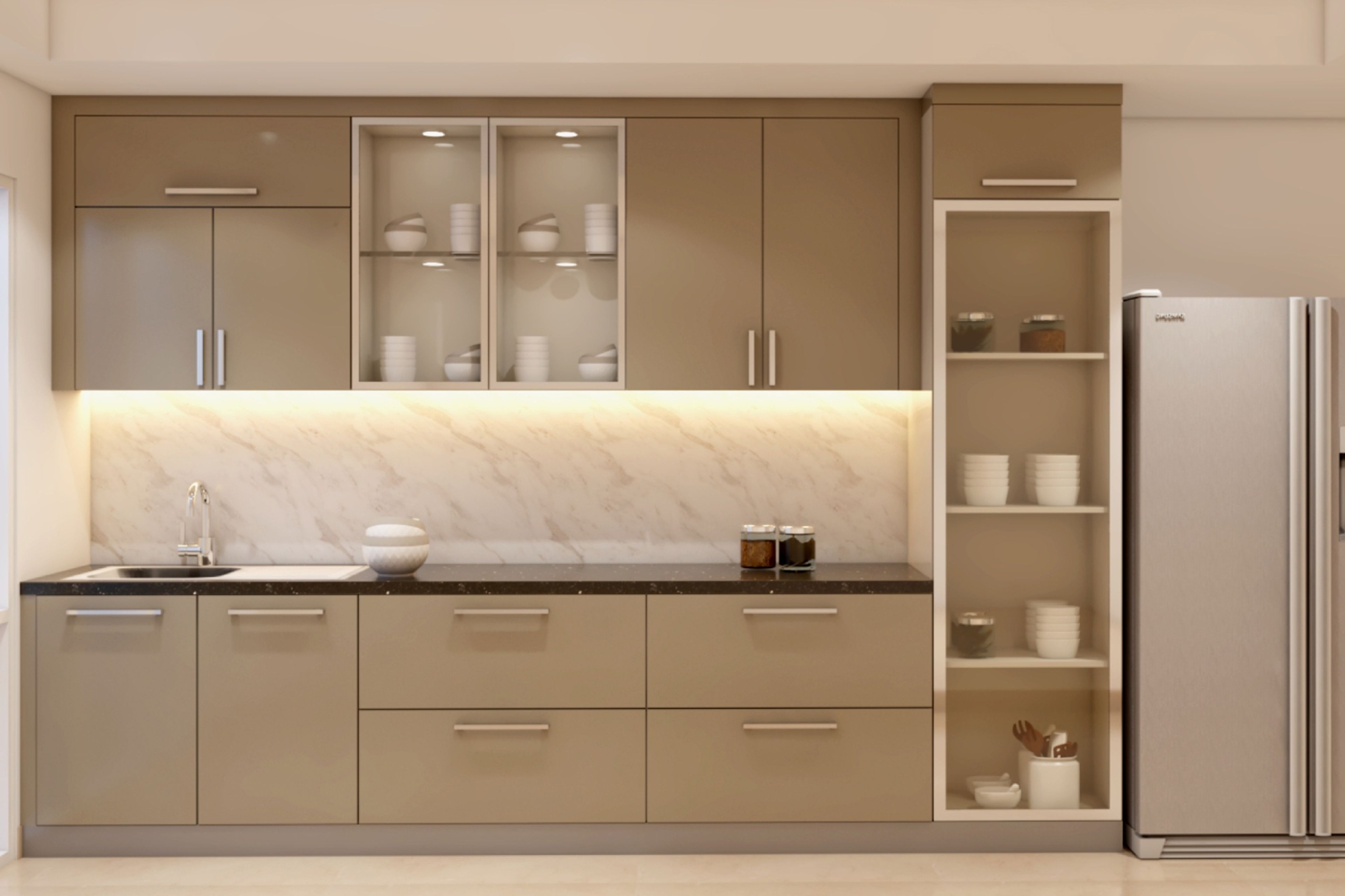 Parallel Kitchen Design with Beige Base and Wall Units and Glass Shutter Cabinets with Marble Backsplash