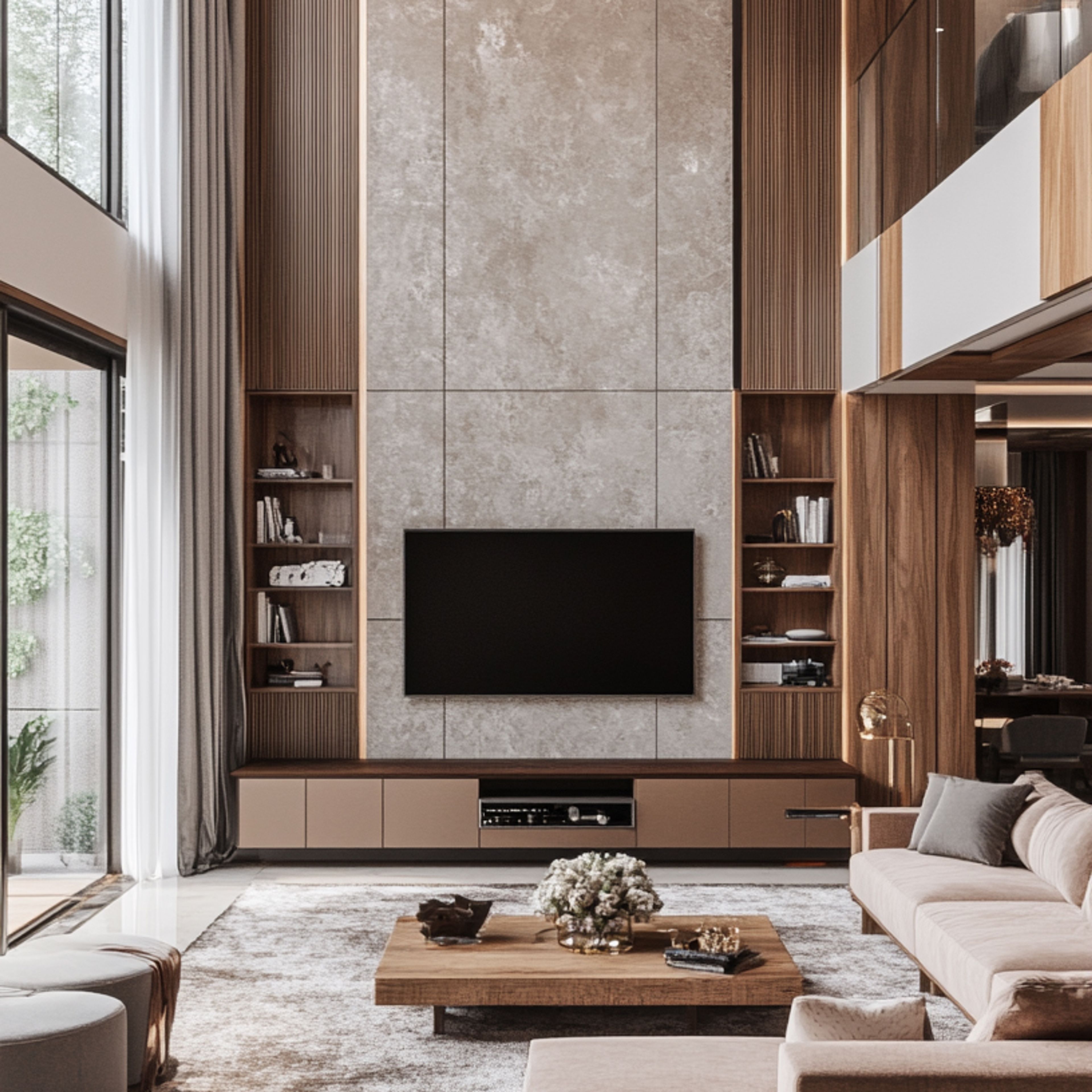 Living Room Design with Beige Sofas, Wooden Centre Table, and Wooden TV Unit with Open Wall Shelves