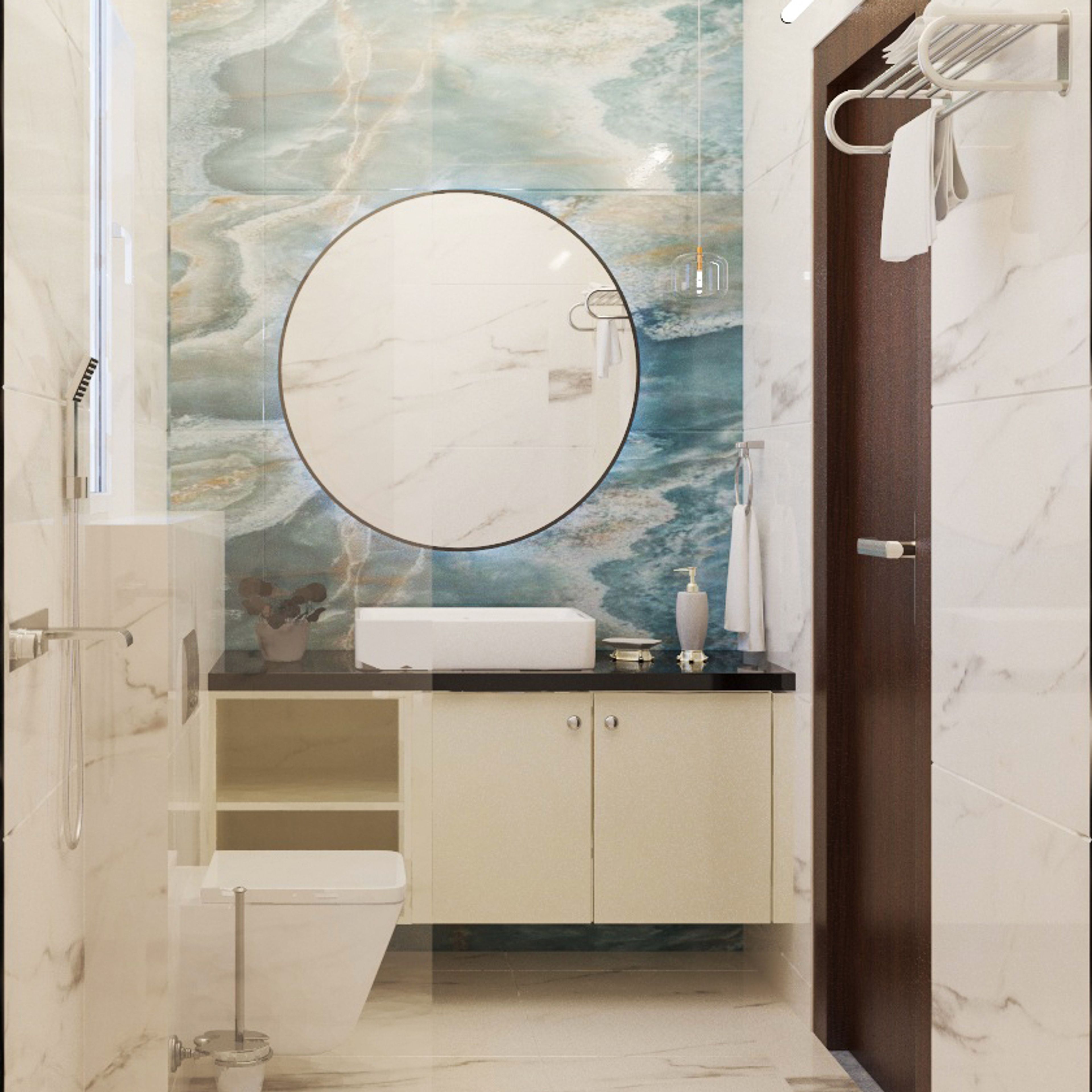Bathroom Design with Round Mirror, Marble Patterned Backsplash, Beige Drawer, and Glass Partition Shower Area
