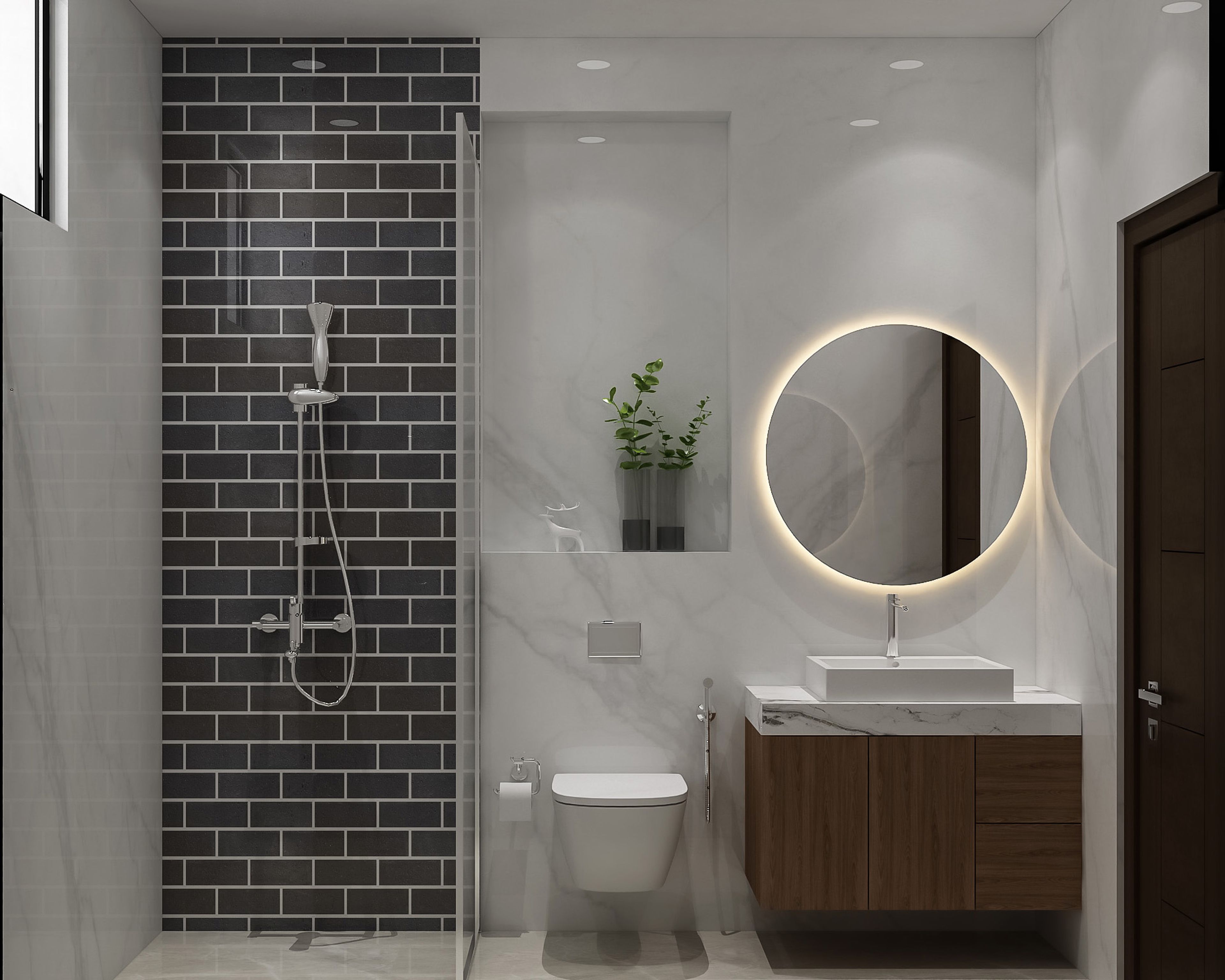Grey Bathroom Design with Round Mirror with Cove Lighting, Wooden Drawer, and Glass Partition Shower Area with Dark Grey Brick Pattern Tiles