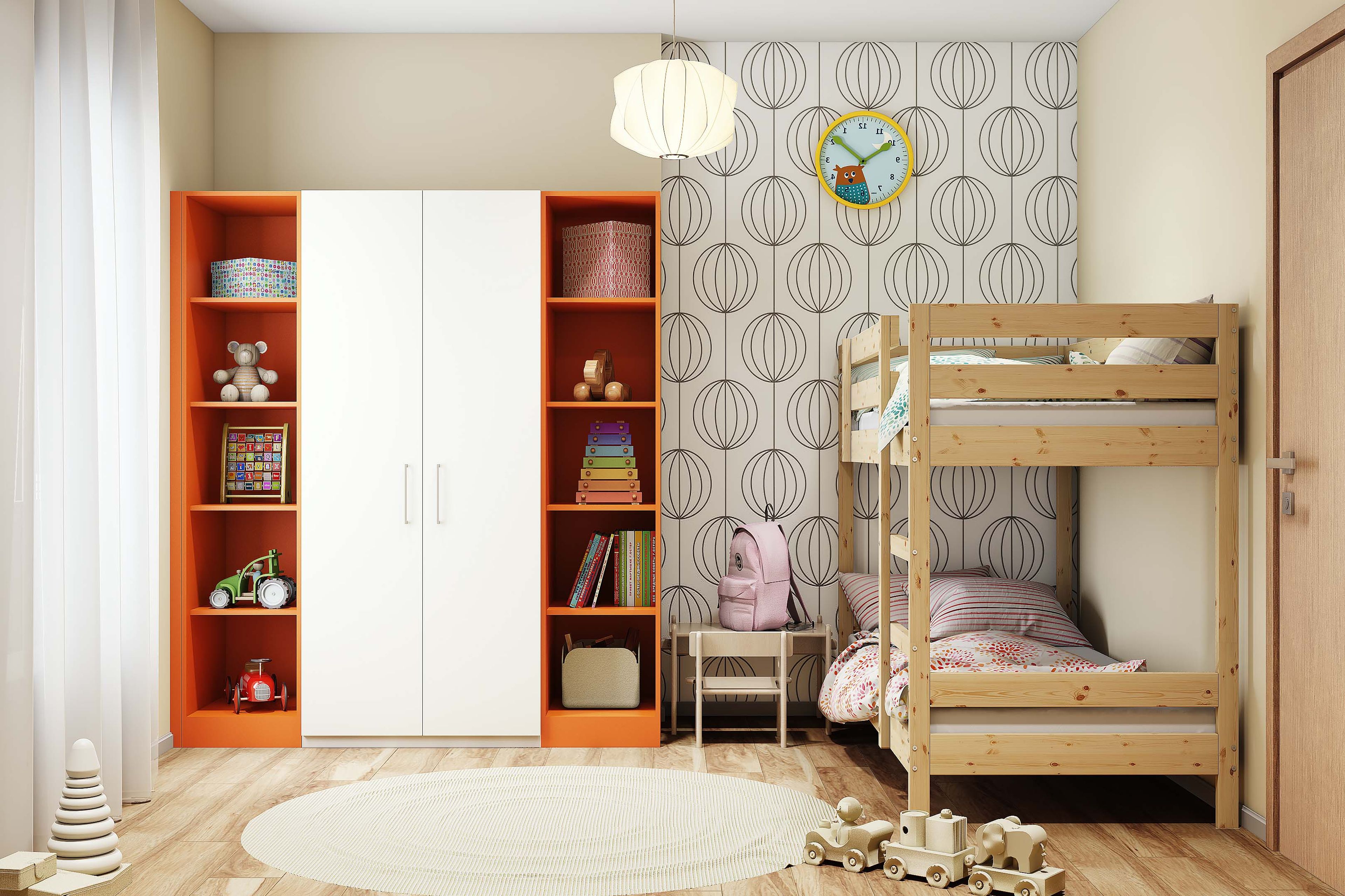 Kids Bedroom Design with Lantern Wallpaper, Wooden Bunk Bed, and 2 Door White Swing Wardrobe with Attached Orange Open Side Shelves