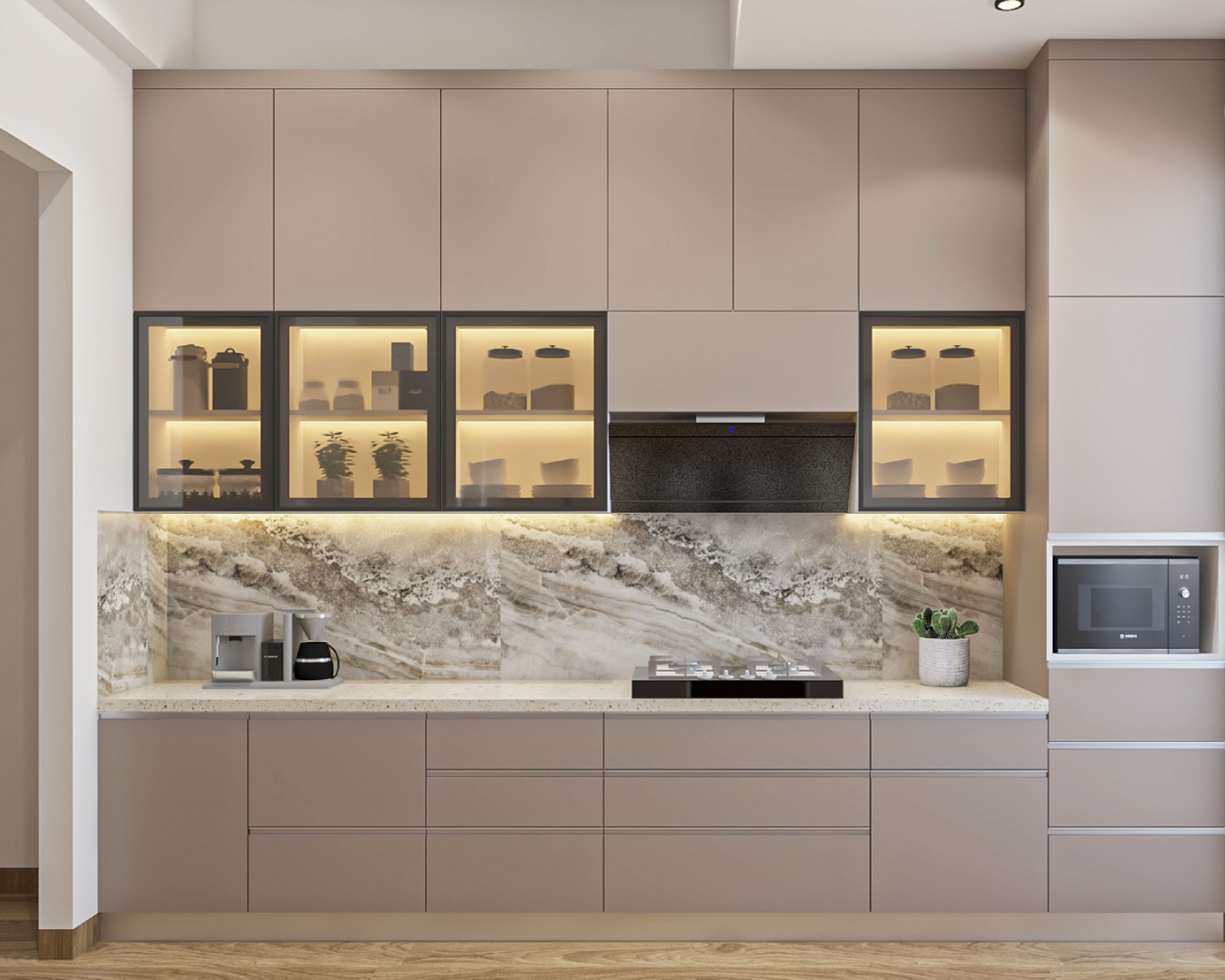 Parallel Kitchen Design with Nude Brown Base and Loft Units and Glass Shutter Wall Units
