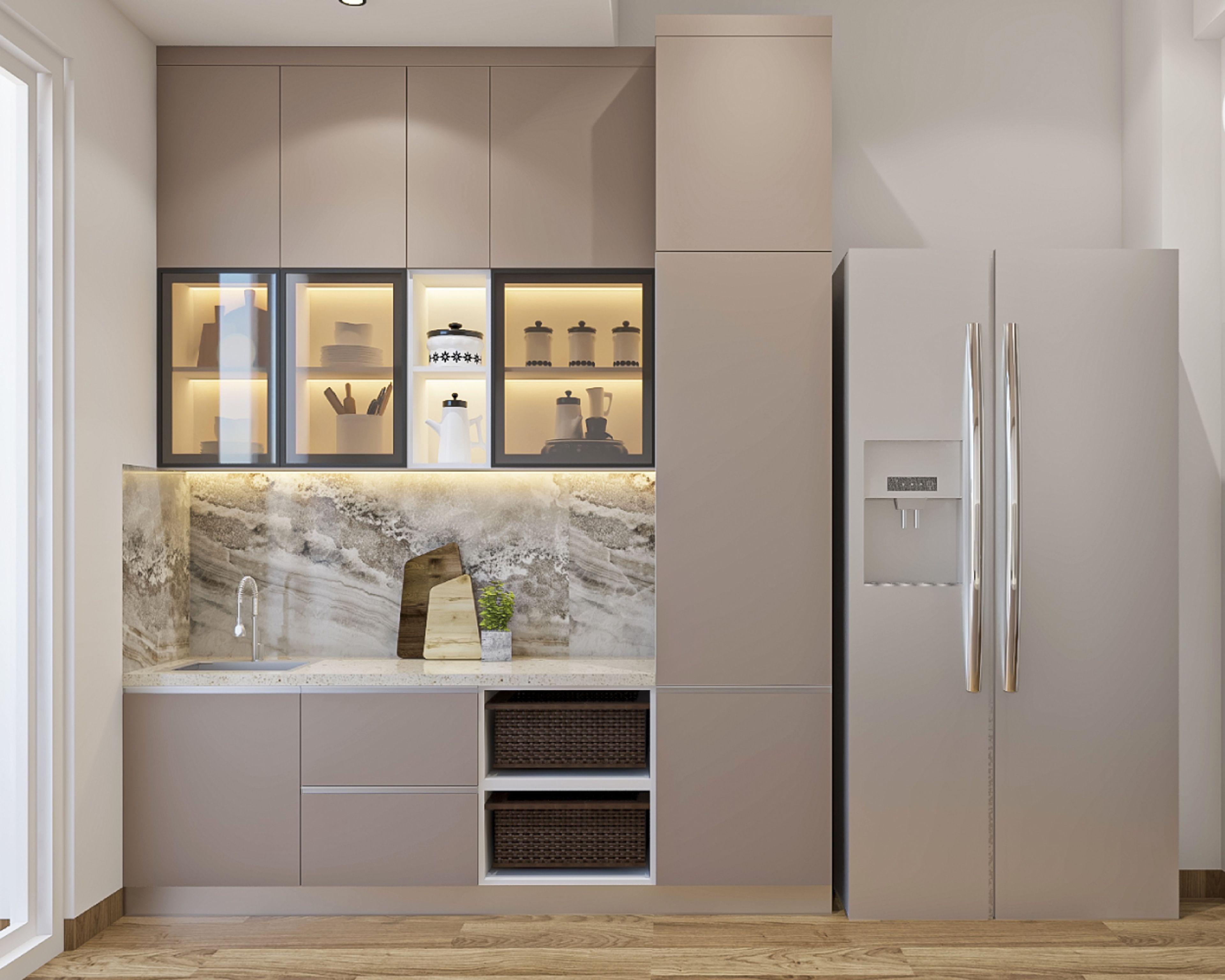 Parallel Kitchen Design with Marble Pattern Tiles Backsplash and Quartz Countertop