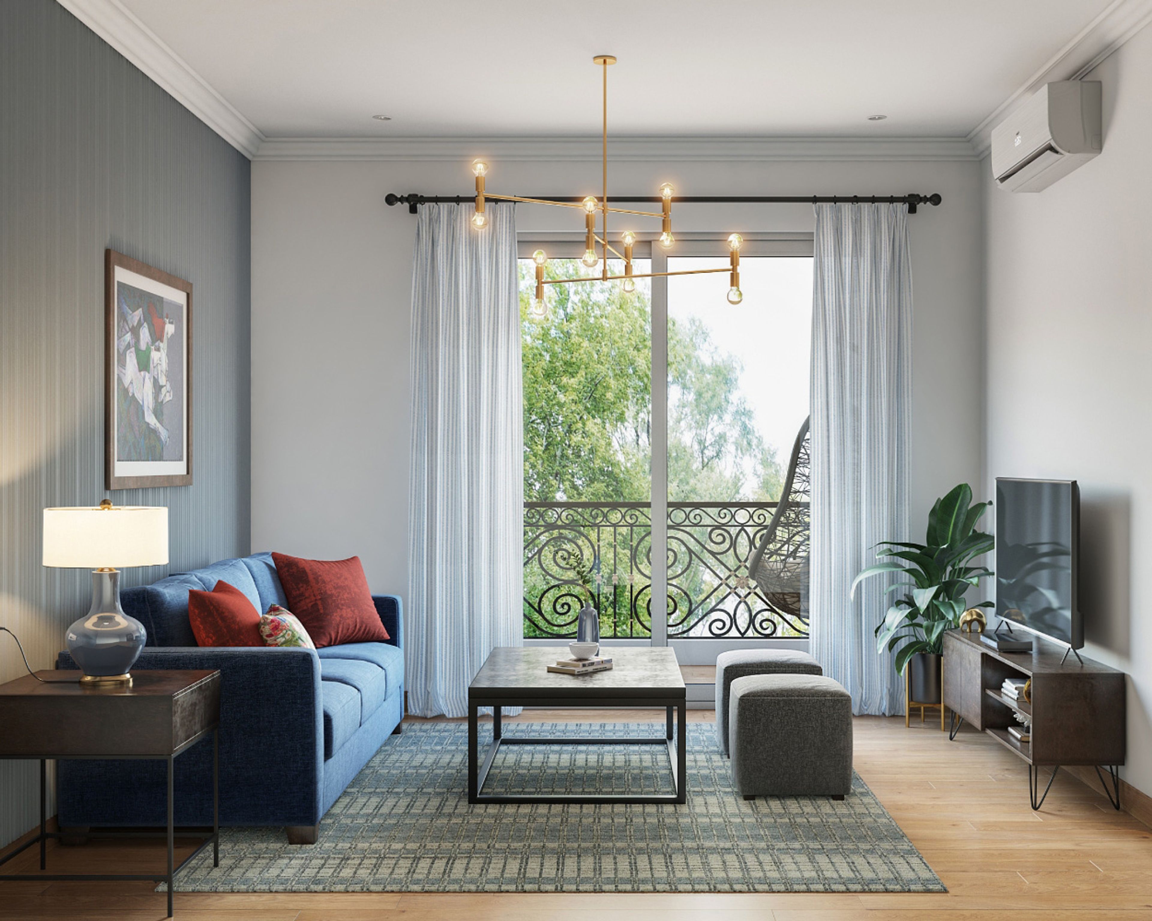 Living Room Design with Blue Sofa, 2 Grey Ottoman, Wooden Table, Wooden TV Unit and Grey Panelled Wall