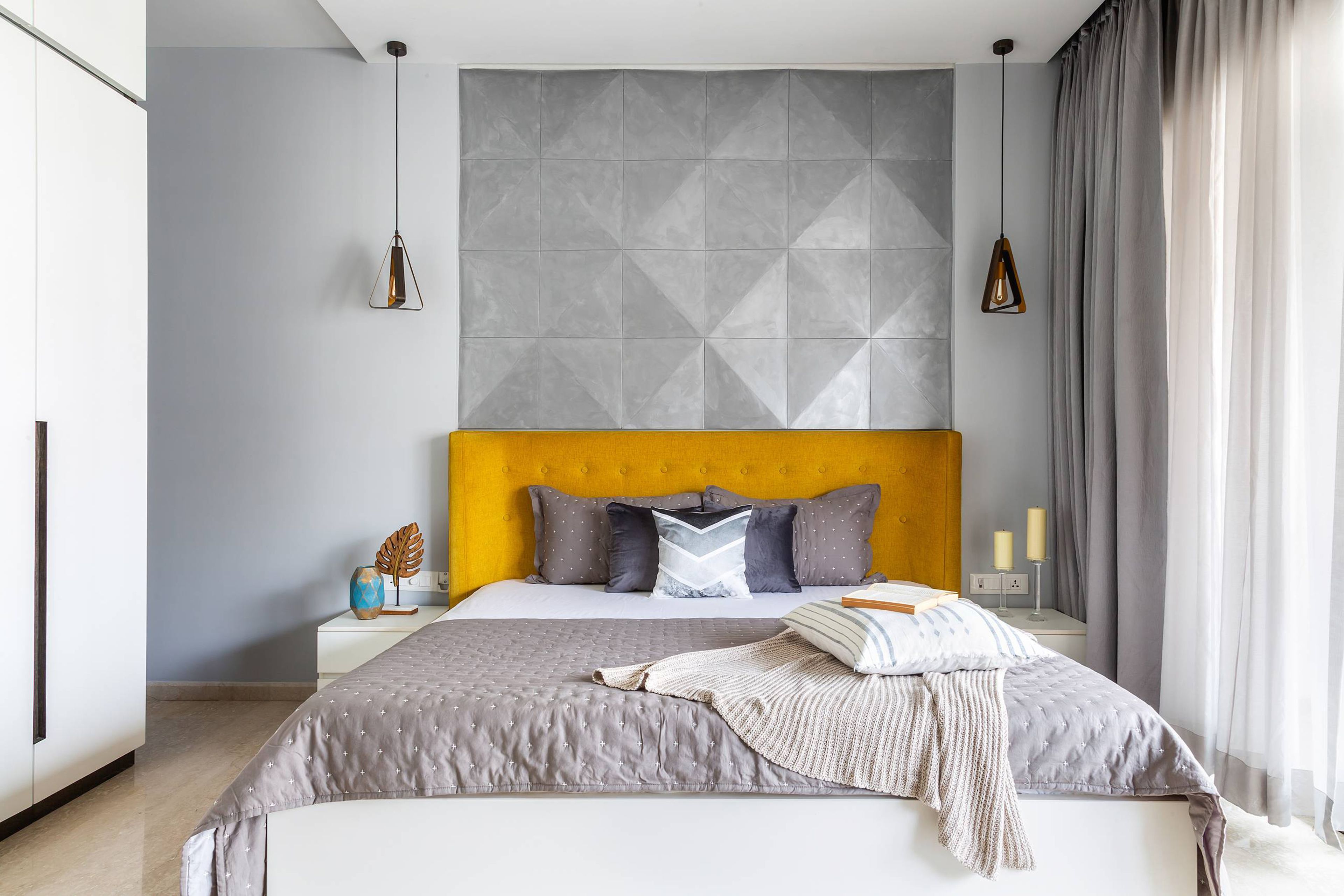 Guest Bedroom Design with Grey Textured 3D Geometric Wall, 2-Door Swing Wardrobe and Side Tables