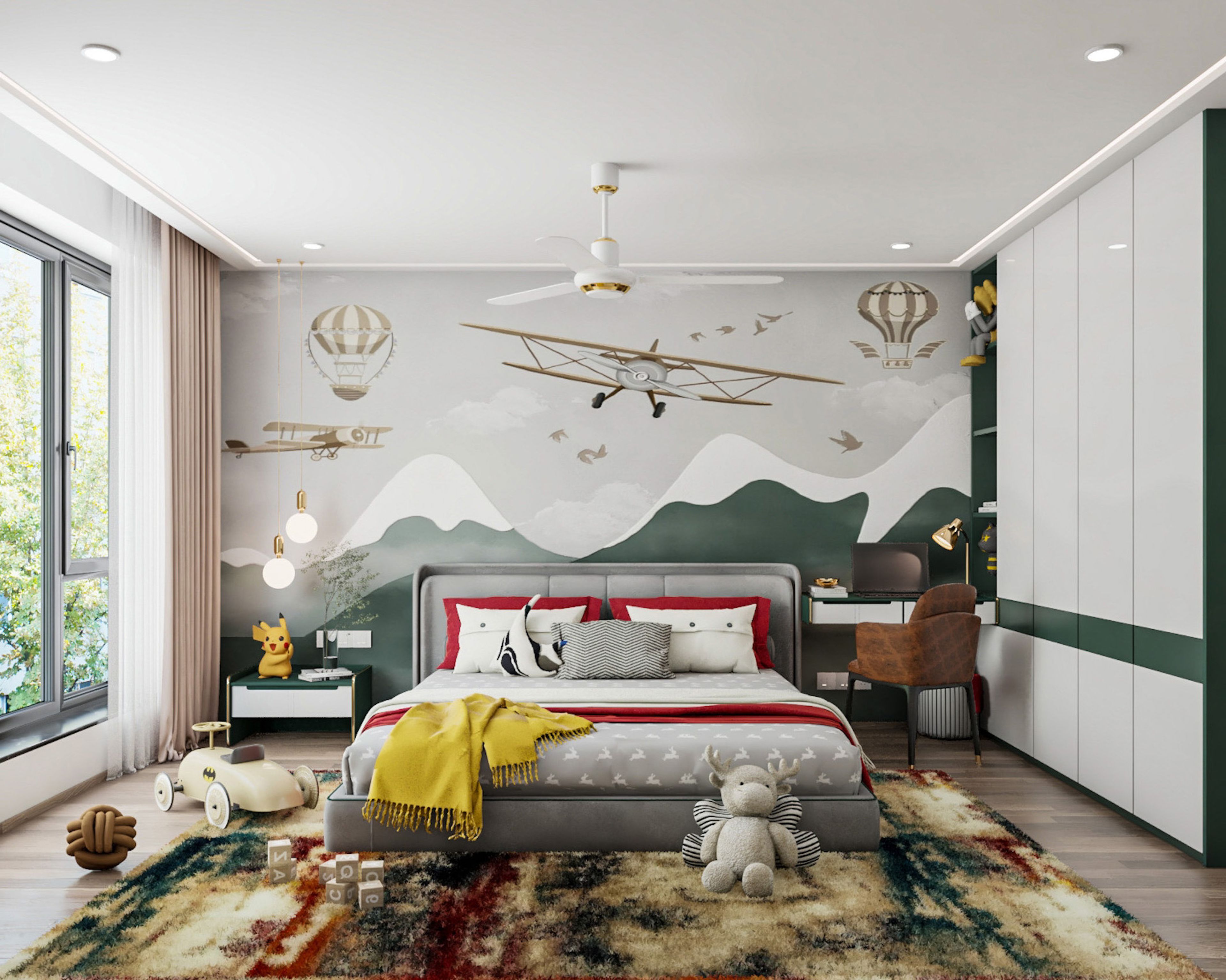 Kids Bedroom Design with Airplane Themed Wallpaper, 4-Door Swing Wardrobe and Study Space with Brown Chair