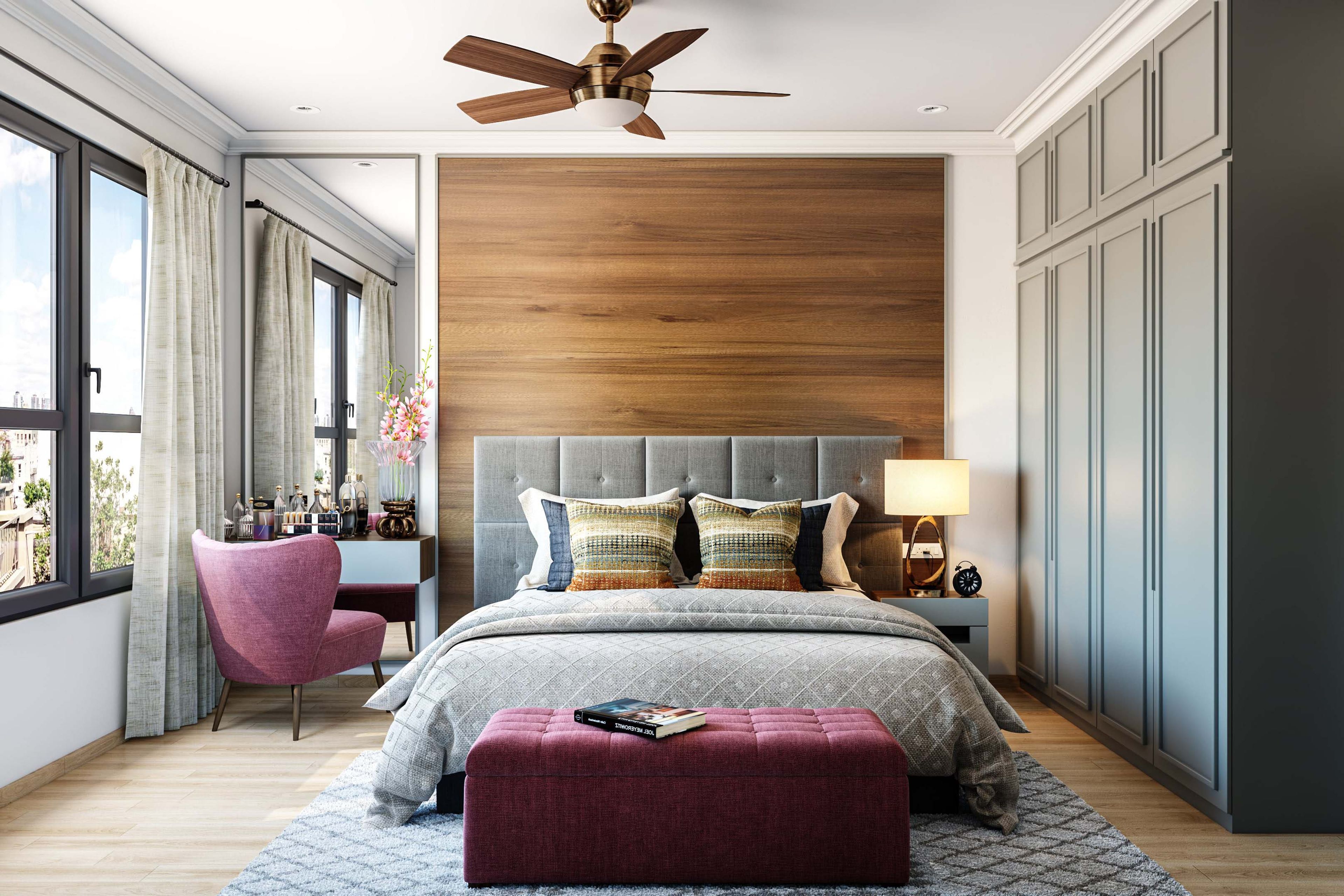 Master Bedroom Design with 4-Door Swing Wardrobe, Wooden Headboard Wall, Wall-Mounted Mirror and Drawers with Plum Chairs