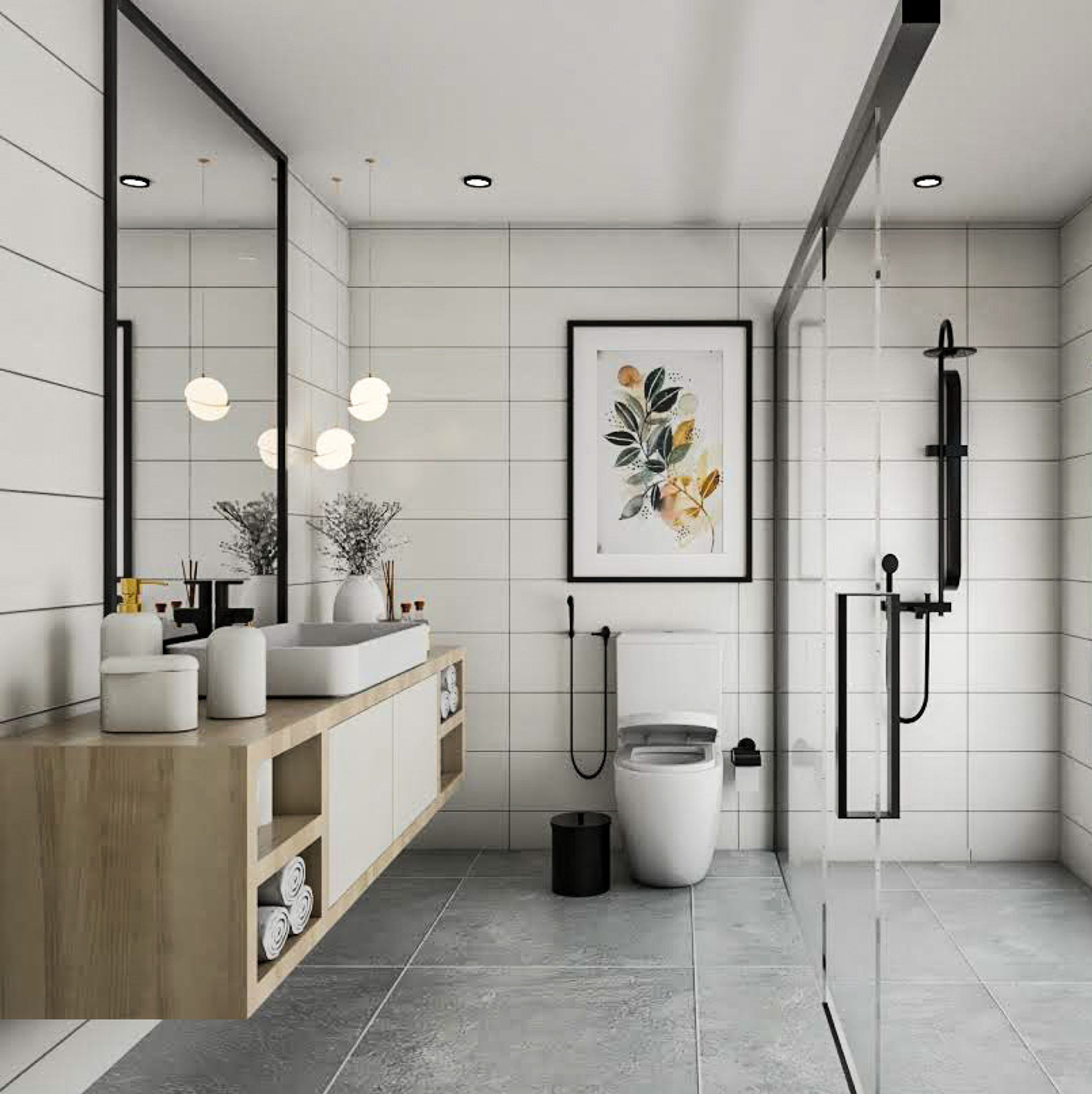 White Bathroom Design with Rectangular Mirror, Wooden Drawer, and Wall Cabinet,  and Glass Partition Shower Area