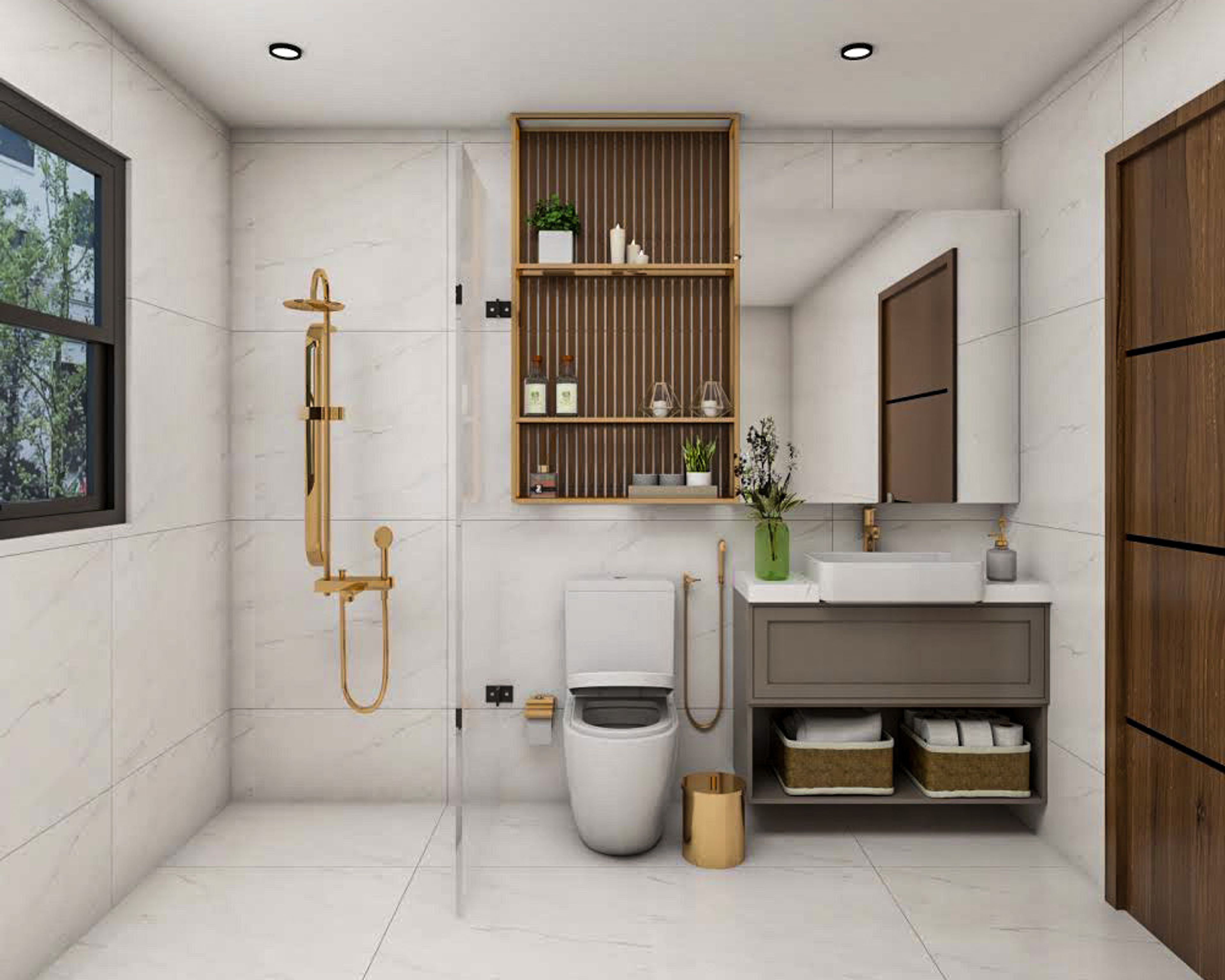 Bathroom Design with Square Mirror, Grey Drawer, Wooden Shelf, Golden Fixtures and Glass Partition Shower Area