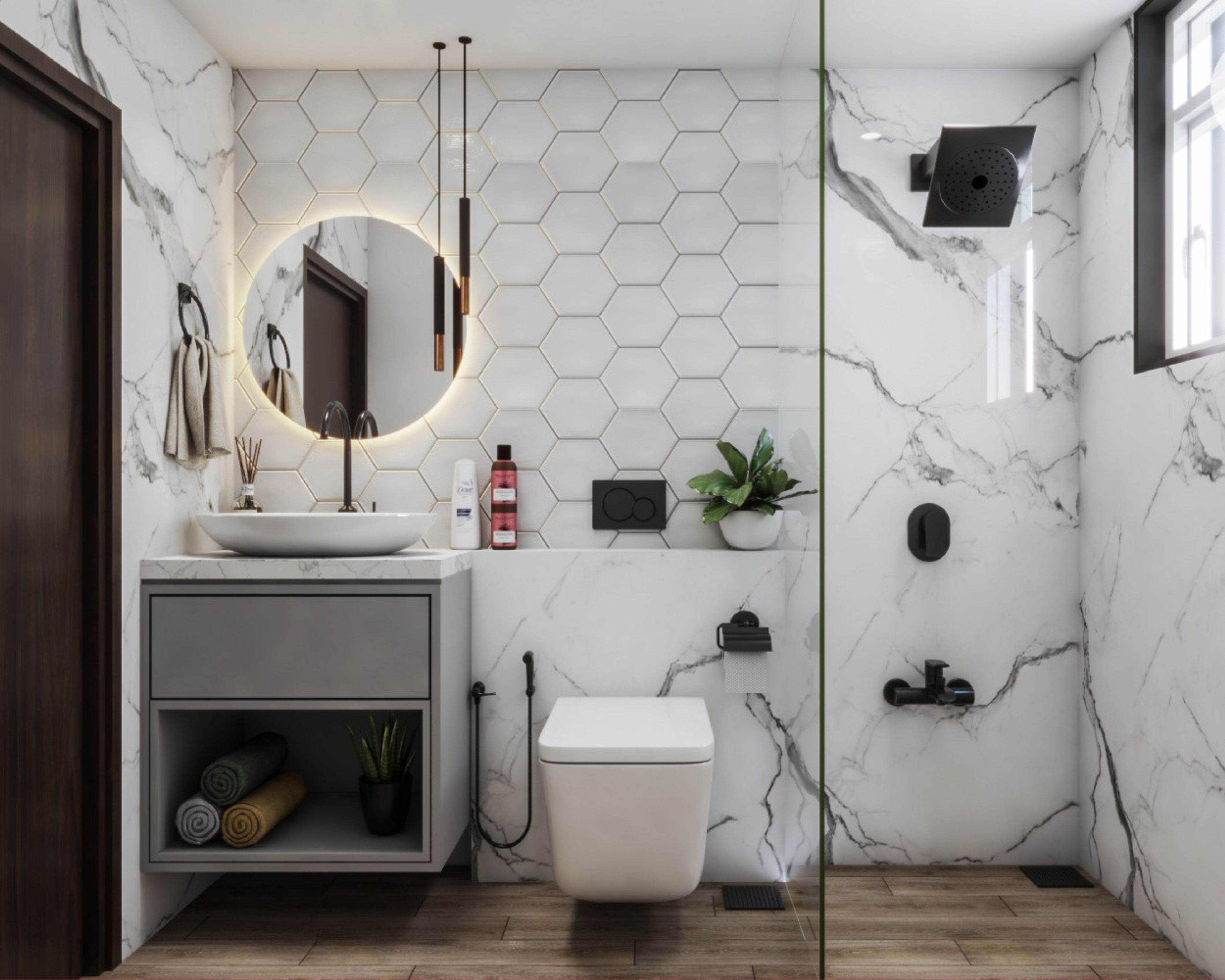 Bathroom Design with Round Mirror, Grey Drawer, Geometric Tiles and Glass Partition Shower Area with Marble Pattern Tiles