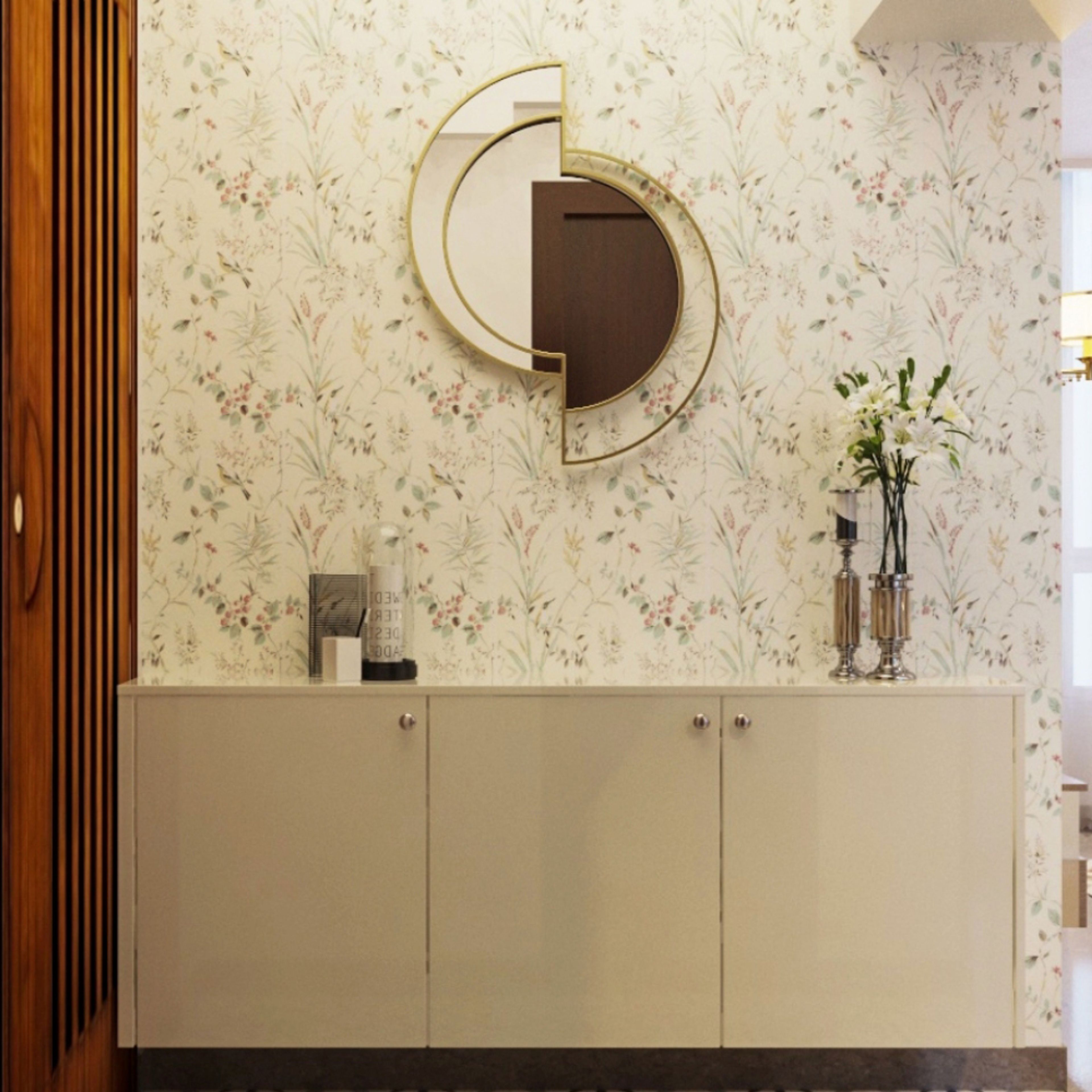 Foyer Design with  Floral Pattern Wallpaper, Beige Shoe Cabinet and Mirror Decor