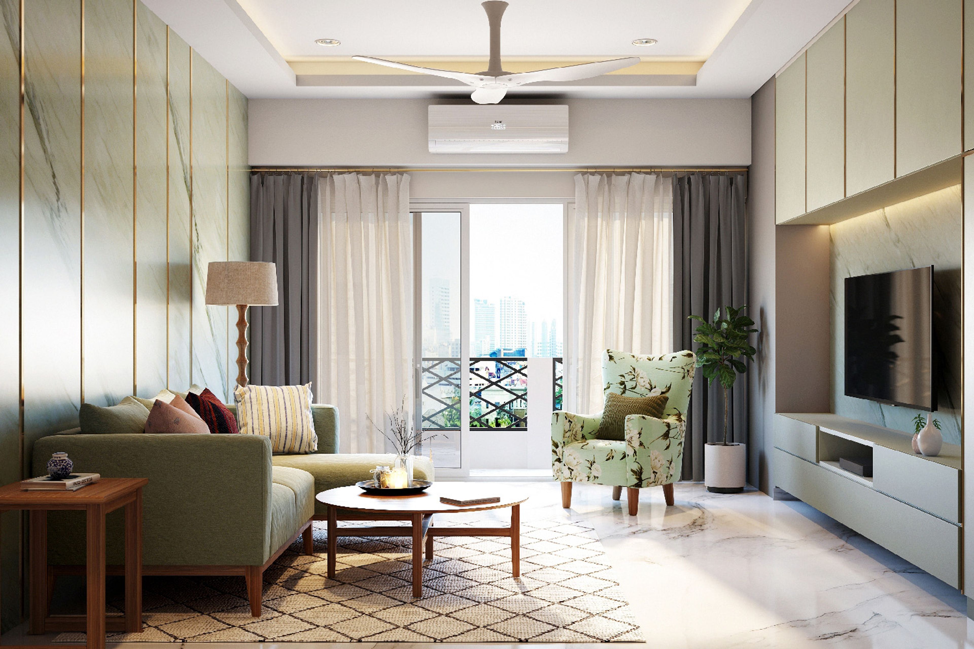 Living Room Design with Green L-Shaped Sofa, Green Floral Accent Chair, Wooden Table, TV Unit and Green Textured Wall with Gold Trims