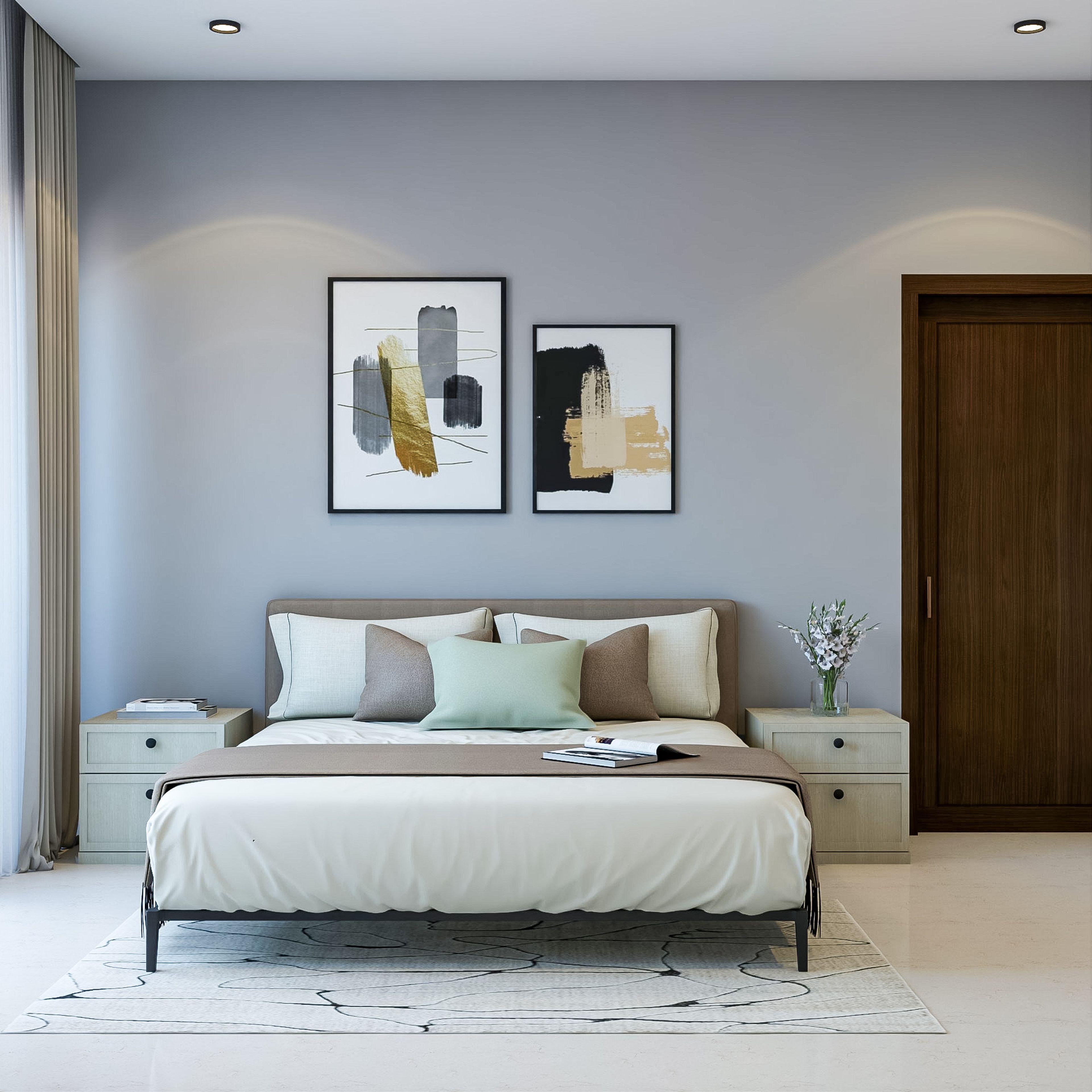 Master Bedroom Design with Light Blue Walls with Artwork, Side Tables and 6-Door Swing Wardrobe