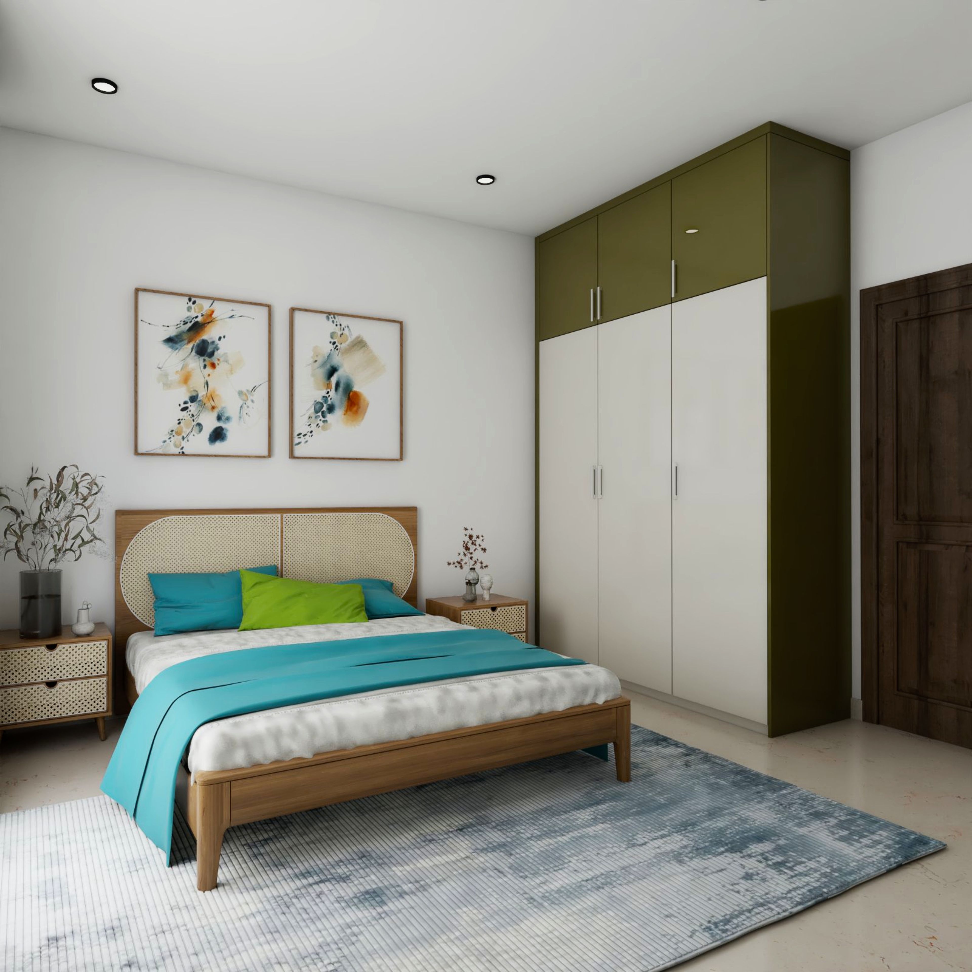 Guest Bedroom Design with 3-Door Swing Wardrobe, White Wall and Side Tables