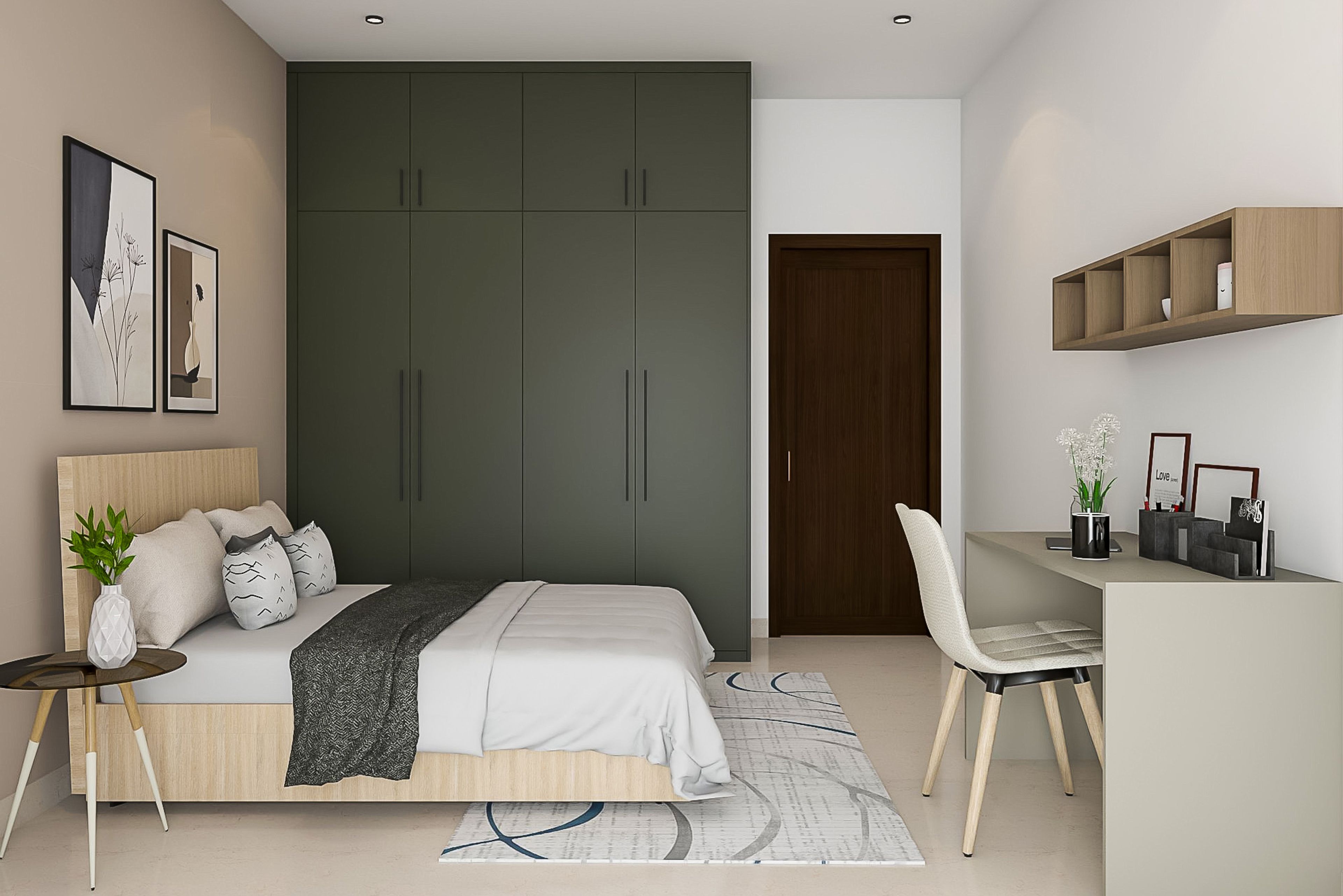 Kids Bedroom Design with Forest Green 4-Door Swing Wardrobe, Beige Wall, Study Space with White Chair