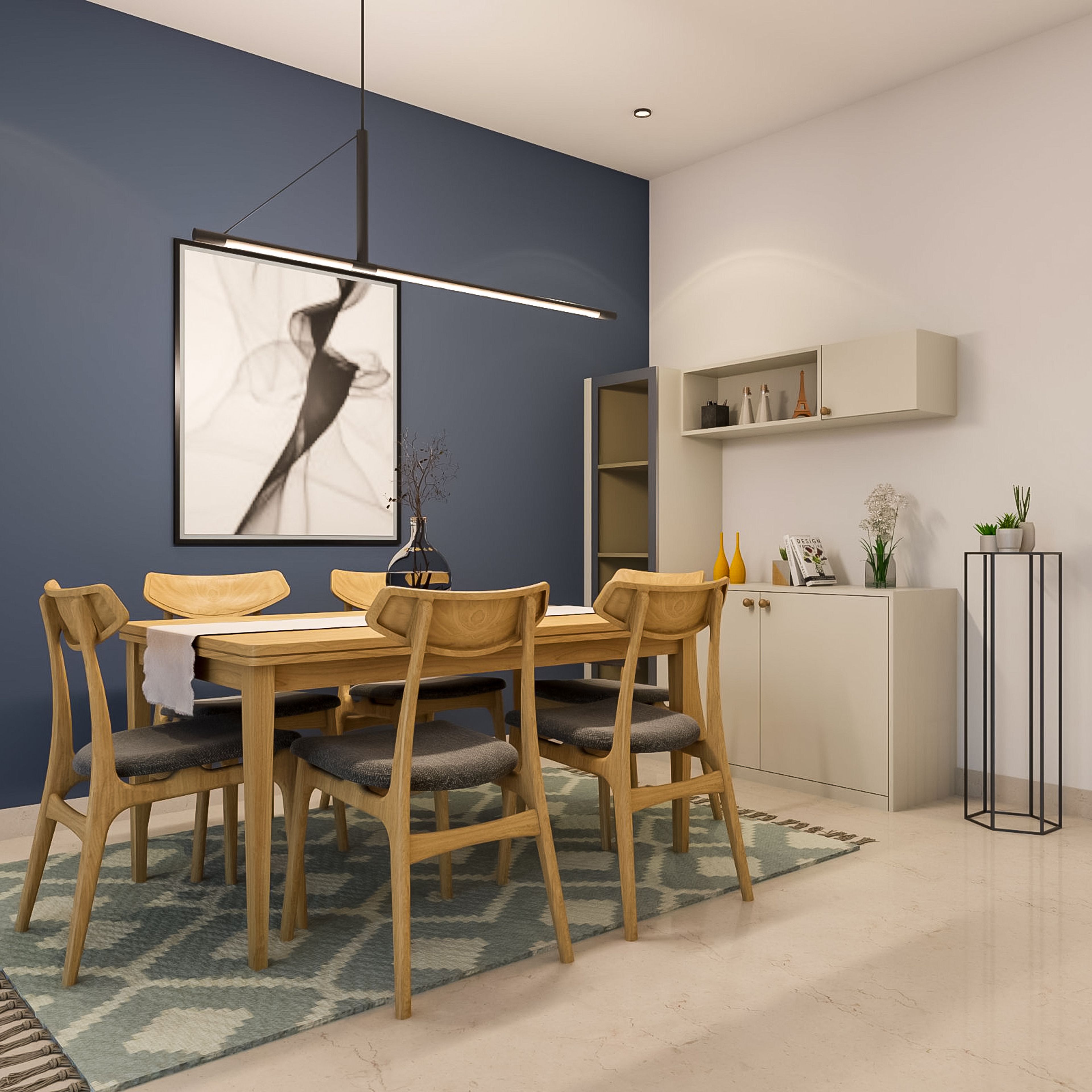6-Seater Dining Room Design with Wooden Table, Cushioned Chairs, Bluish Grey Wall, Beige Cabinet, Wall Shelf and Tall Unit