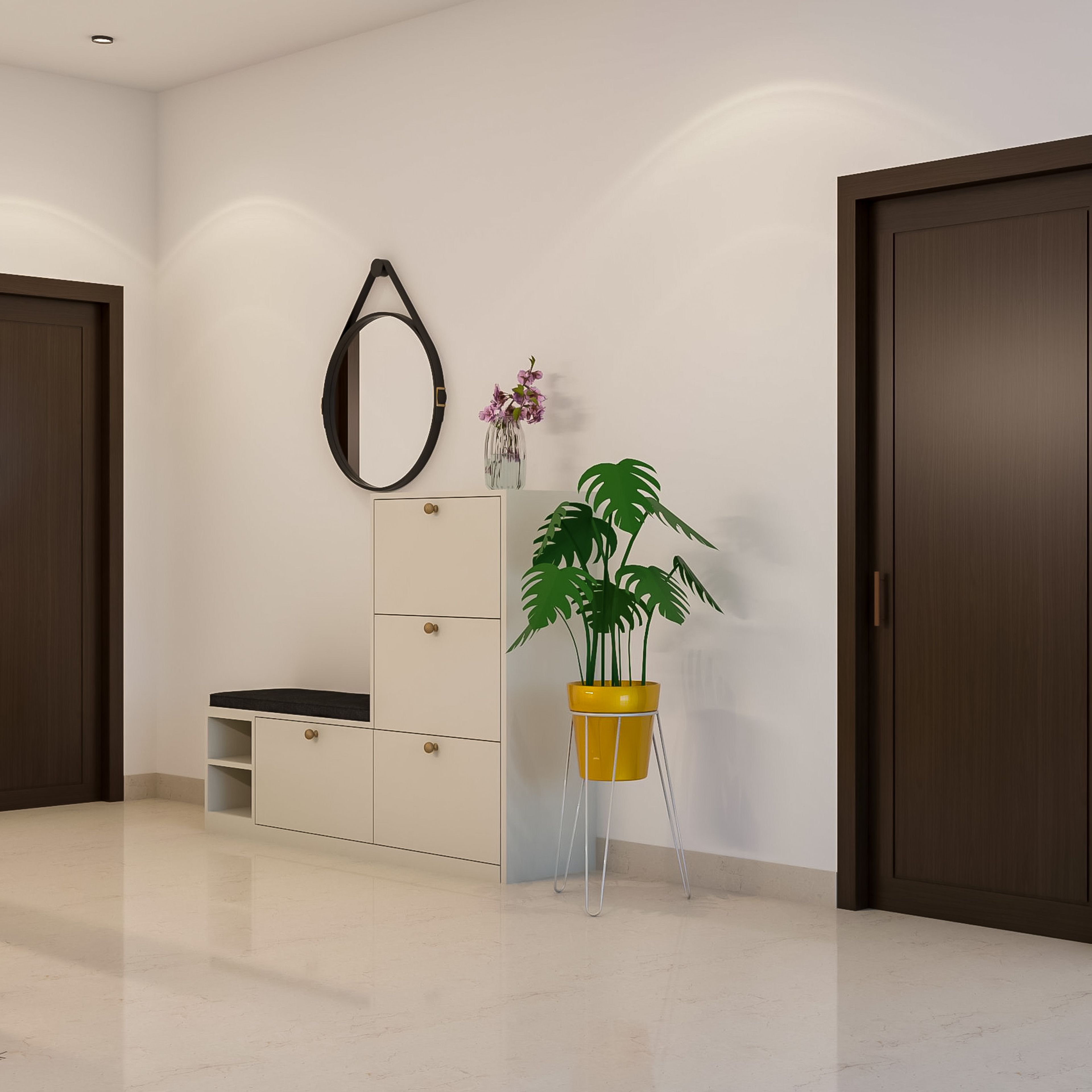 Foyer Design with L-Shaped Shoe Cabinet with Seating, and Round Hanging Mirror