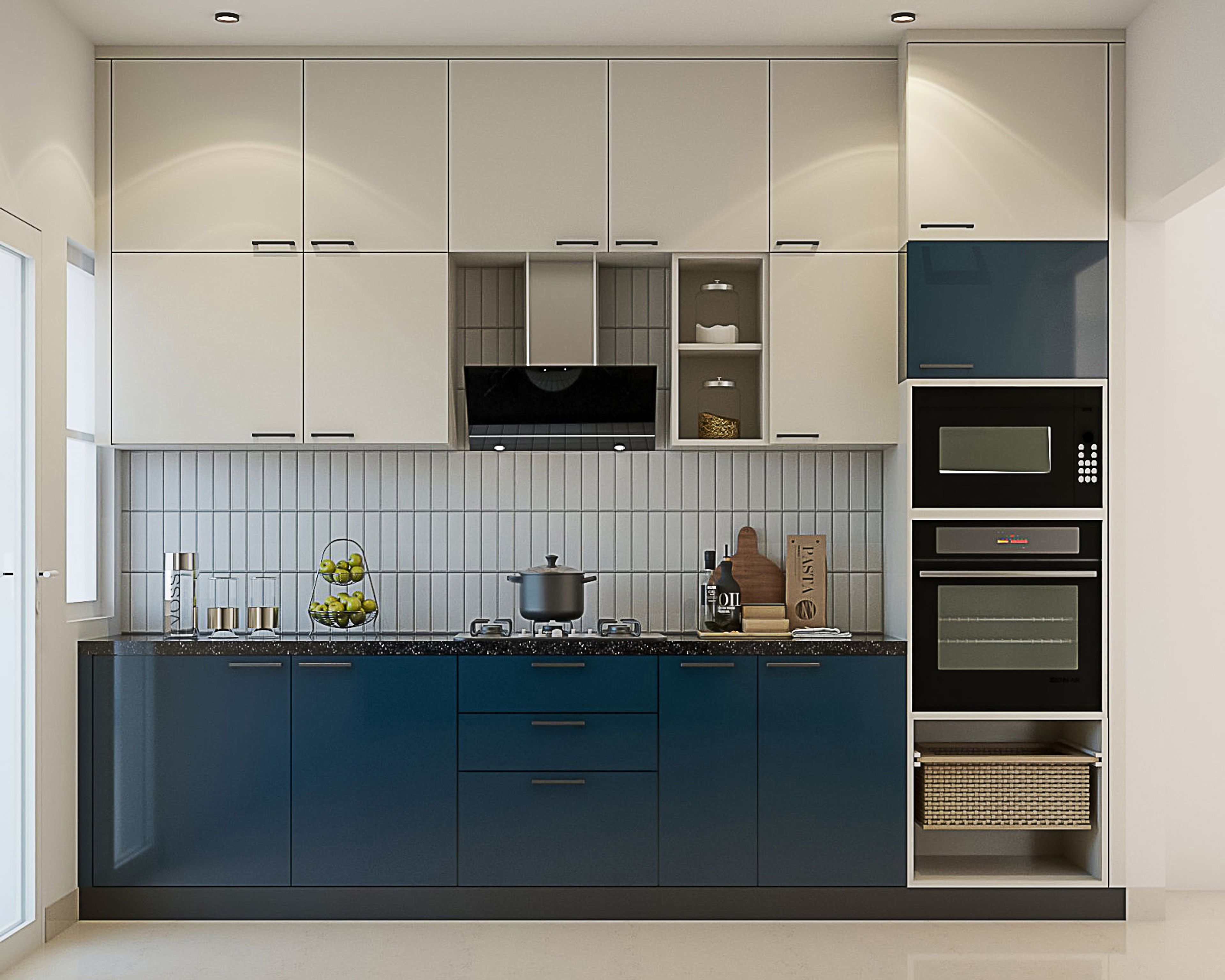 U-Shaped Kitchen Design with Teal Blue Base Units, Beige Wall Units, and Appliance Storage Units