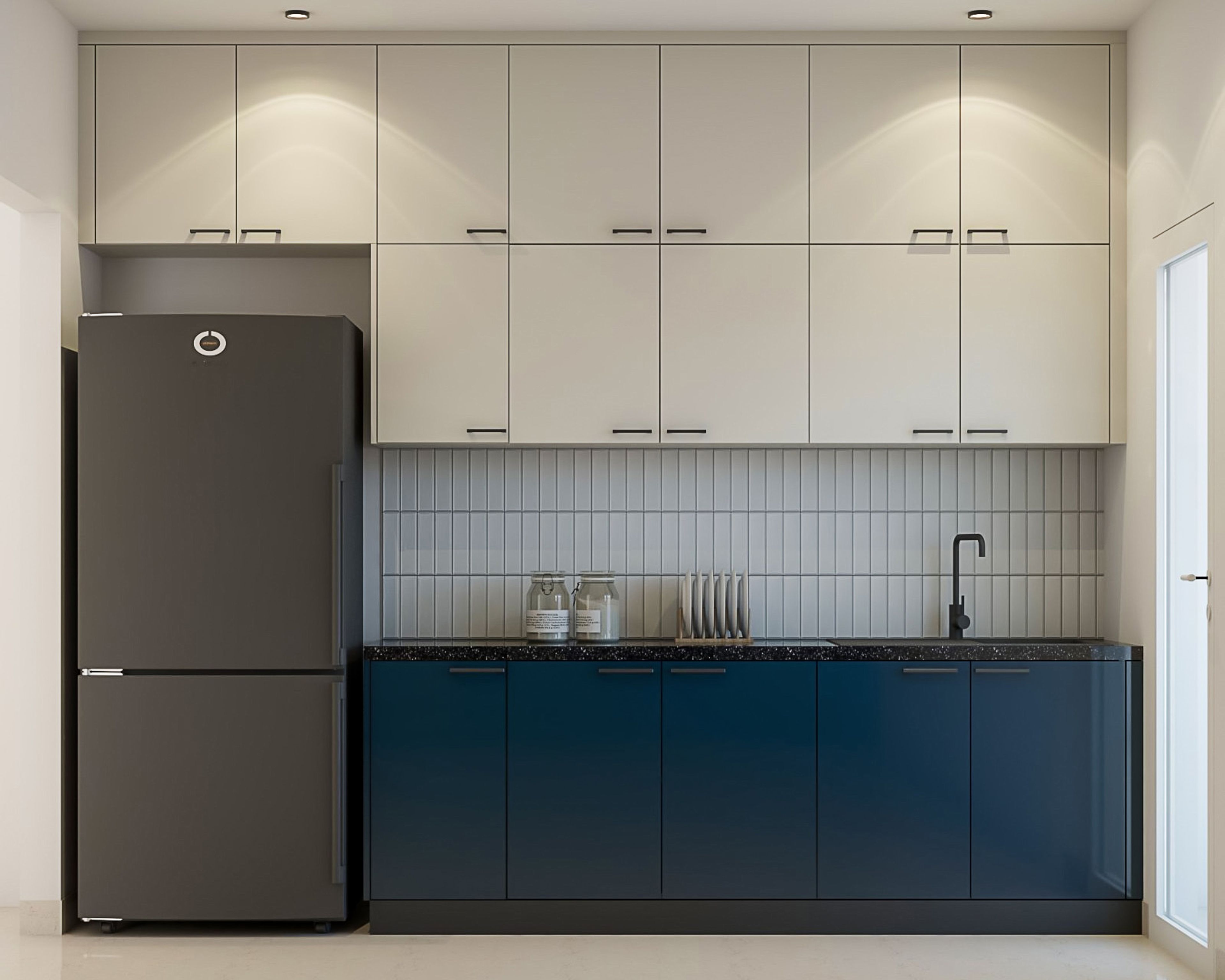U-Shaped Kitchen Design with White Tiles Backsplash, and Quartz Countertop