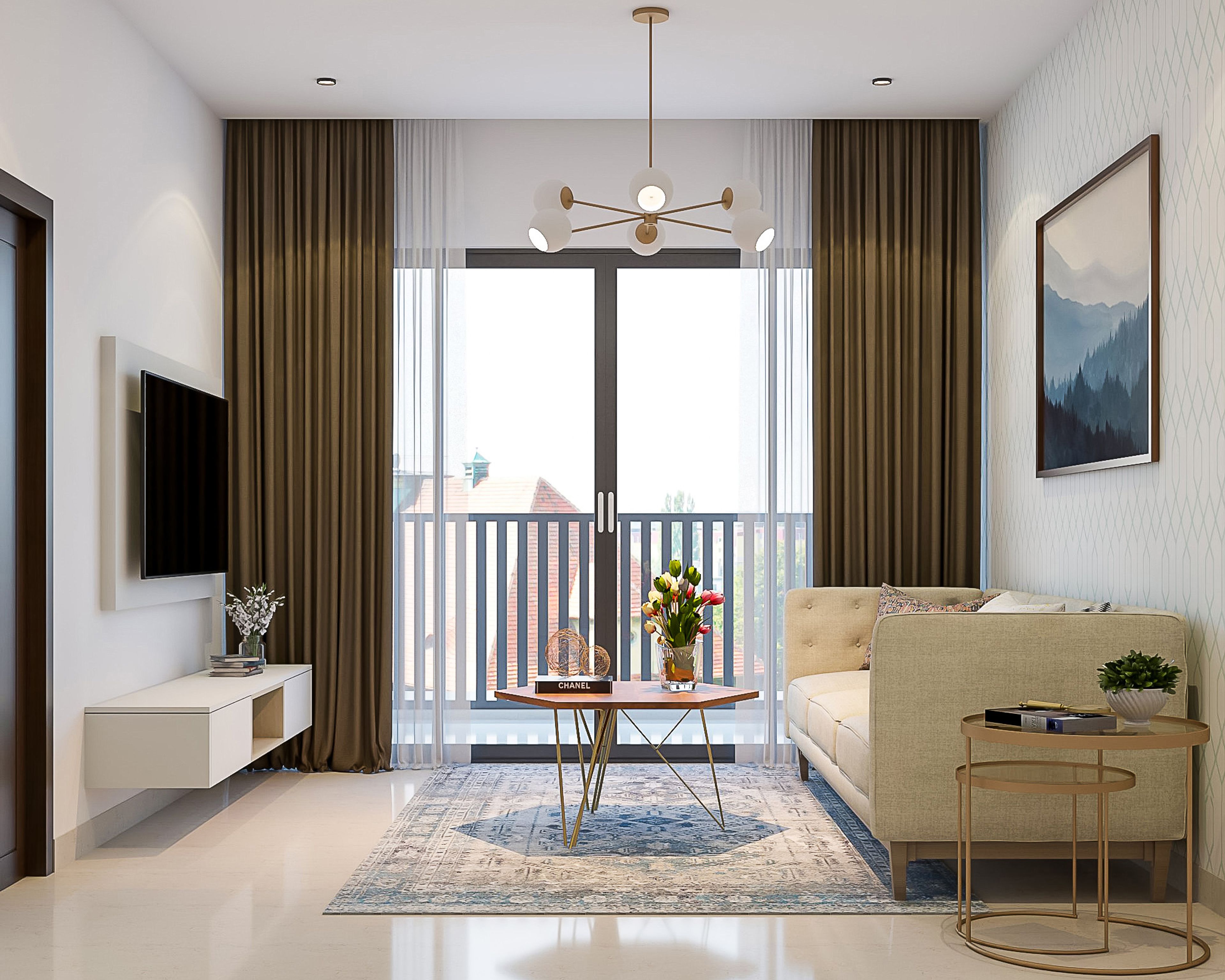 Living Room Design with Beige Sofa, White TV Unit, Central Table, Chandelier and Spotlights