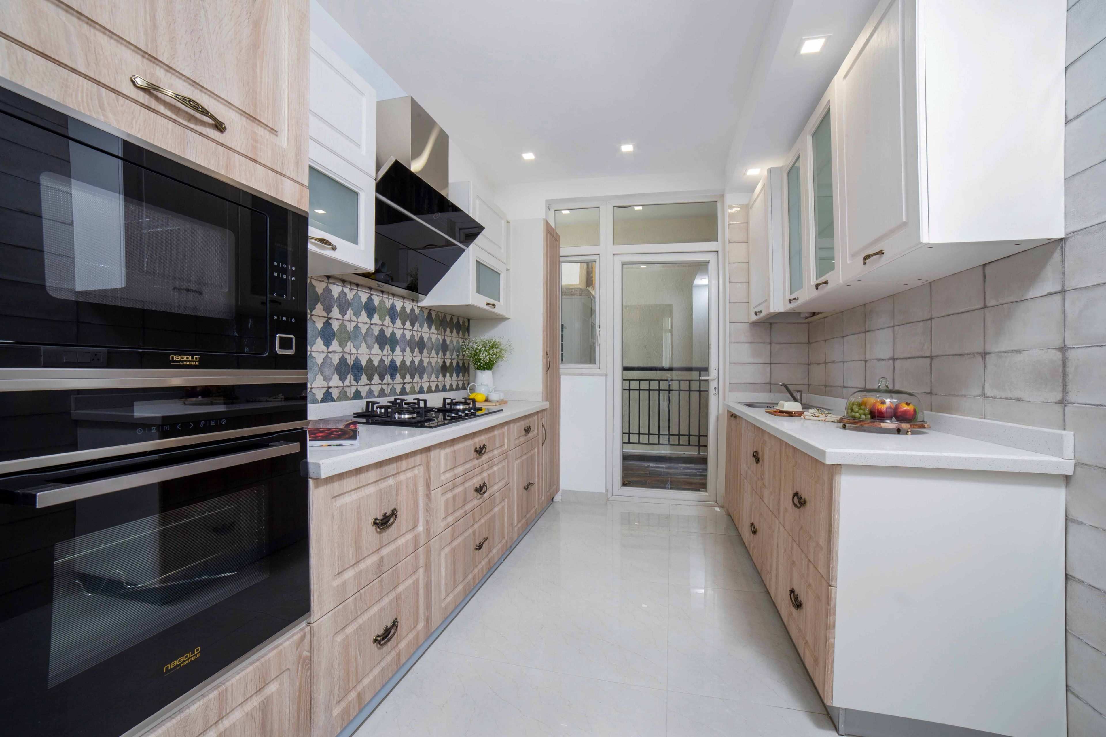 Parallel Modular Kitchen Design with Natural Wood and White Base and Wall Units and Quartz Countertop