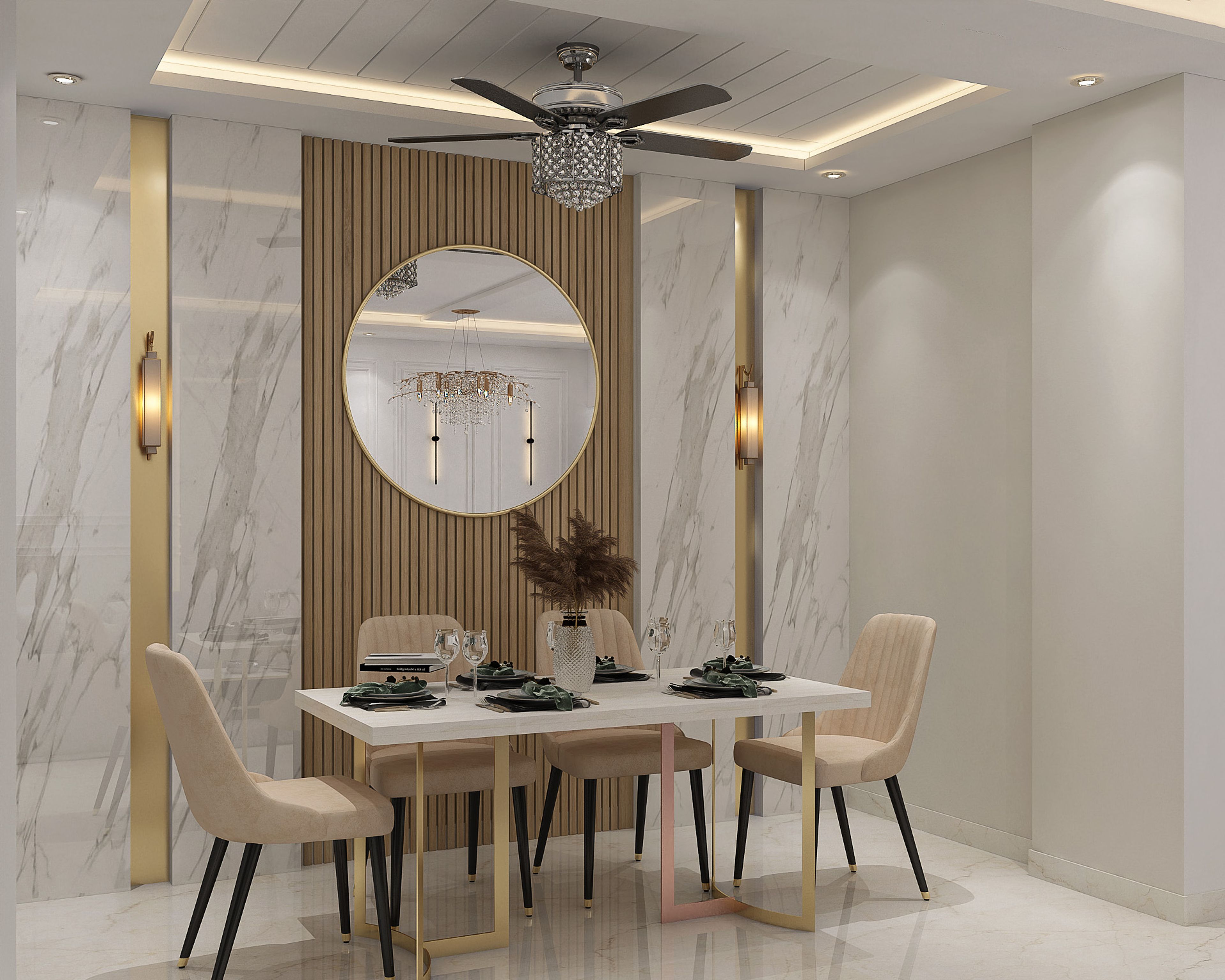 4-Seater Dining Room Design with Marble Table Top, Beige Chairs, Marble Wall with Wooden Panelling Accent and Round Mirror Decor