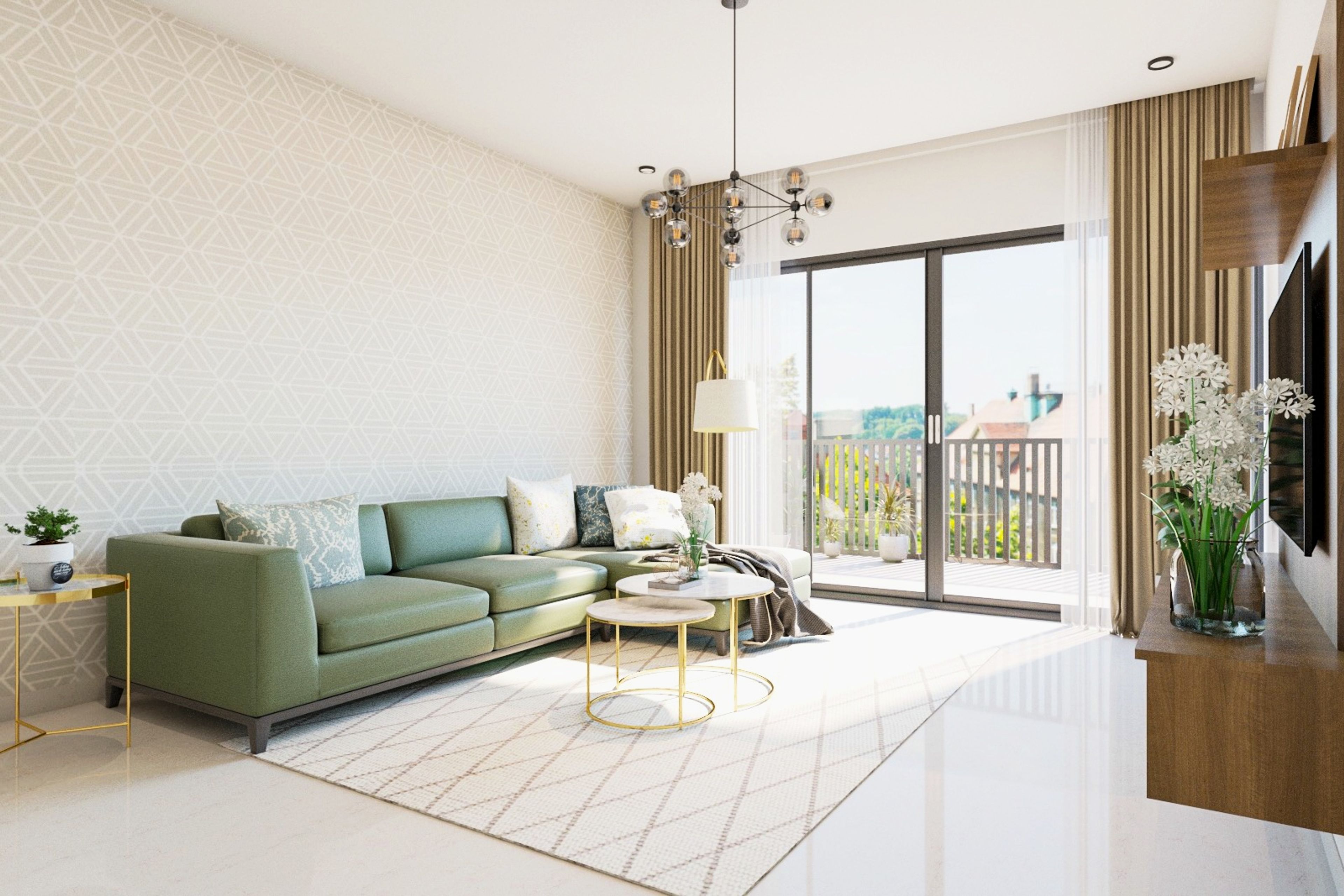 Living Room Design with Green L-Shaped Sofa, Textured White Wallpaper, Chandelier and Wooden TV Unit