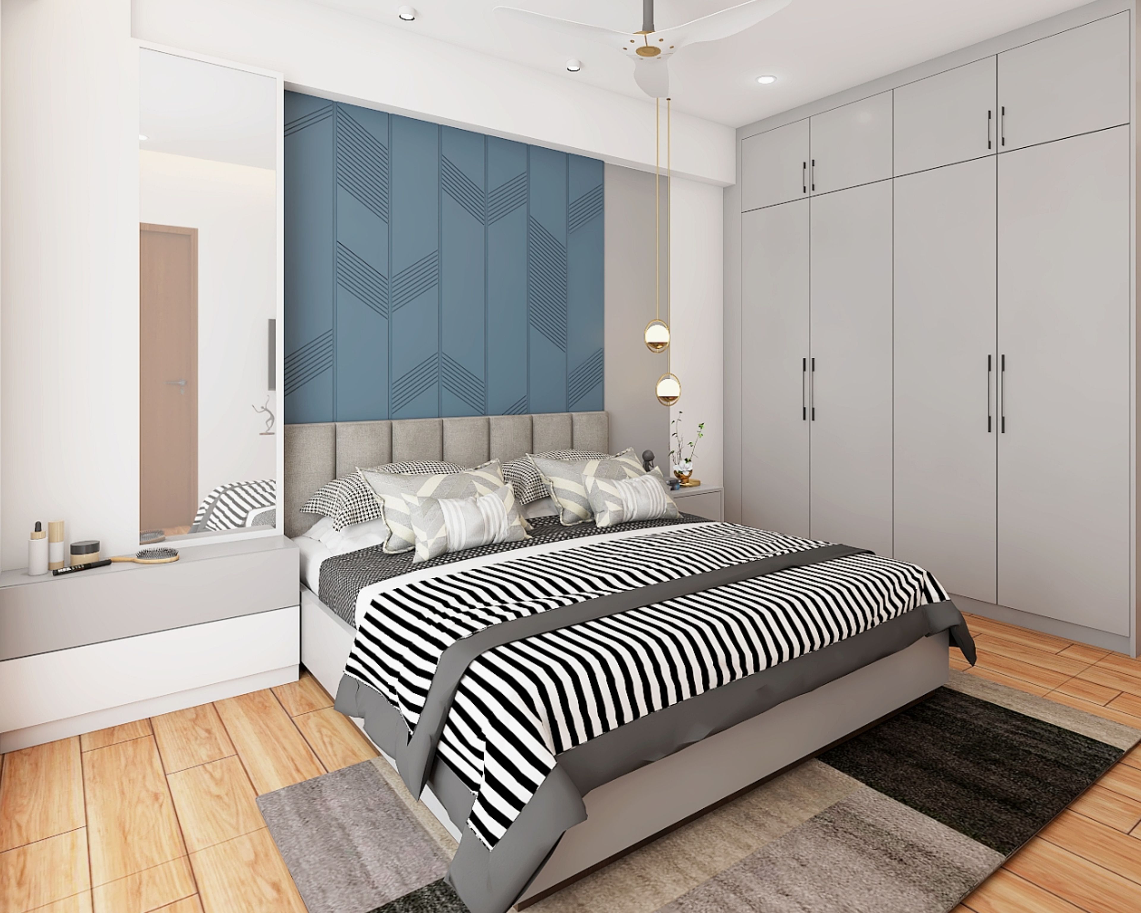 Master Bedroom Design with Geometric Blue Wall Headboard, Grey 4-Door Swing Wardrobe, White and Grey Dresser with Drawers