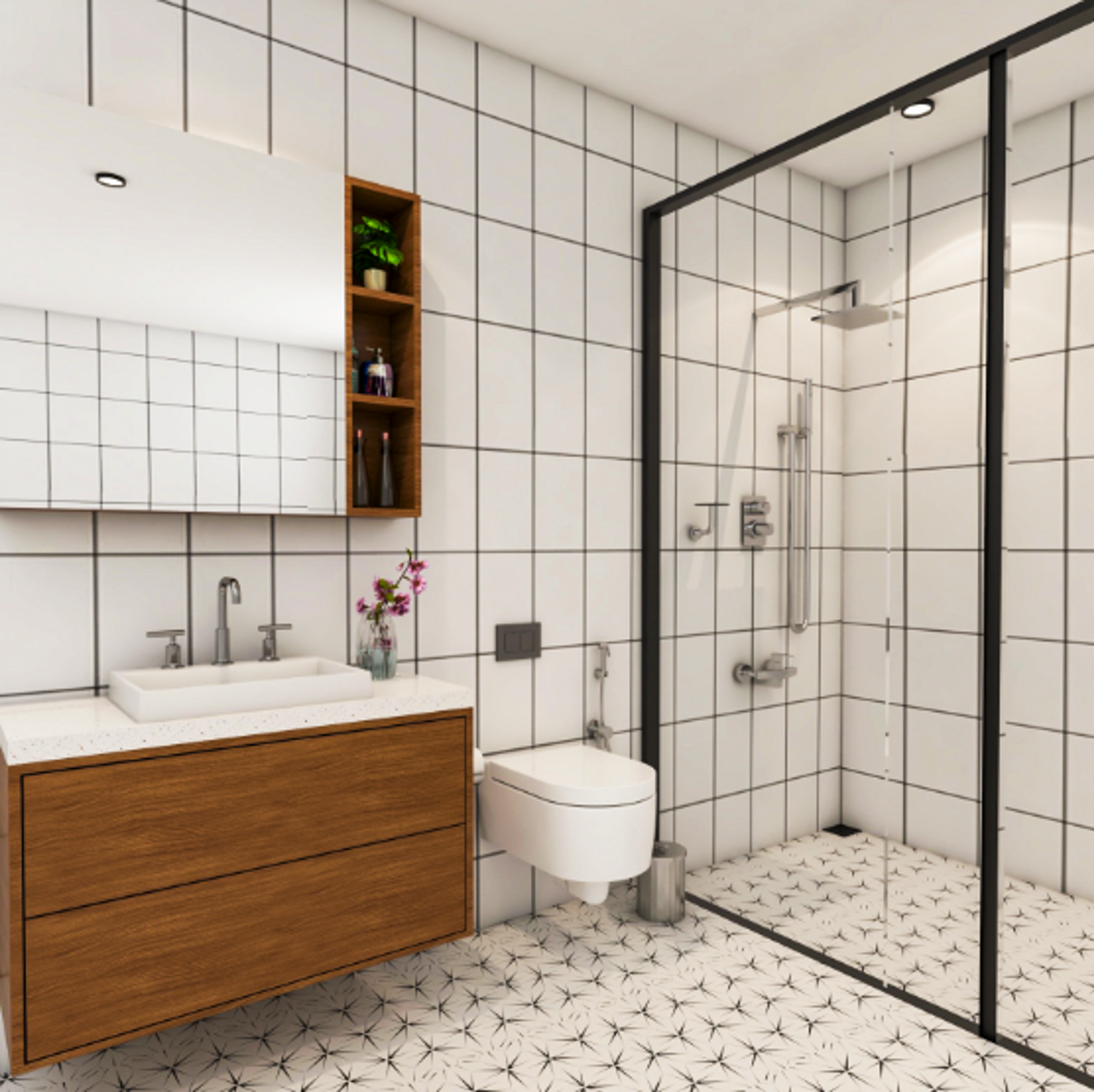 Bathroom Design with Square Mirror with Attached Open Shelf, Wooden Drawers and Shower Partition Area