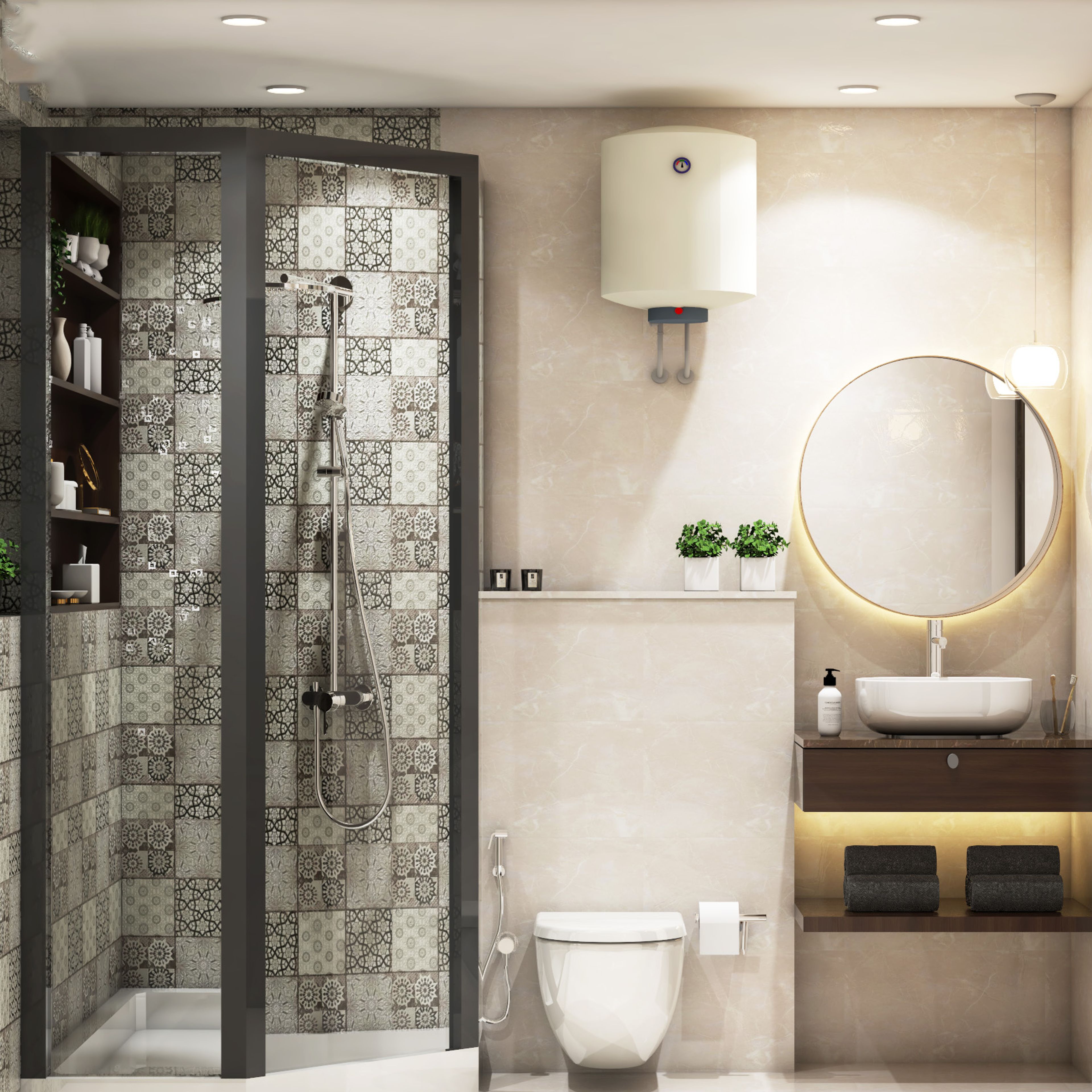Bathroom Design with Round Mirror, Dark Wooden Drawer, Glass Partition Shower Area with Open Shelves