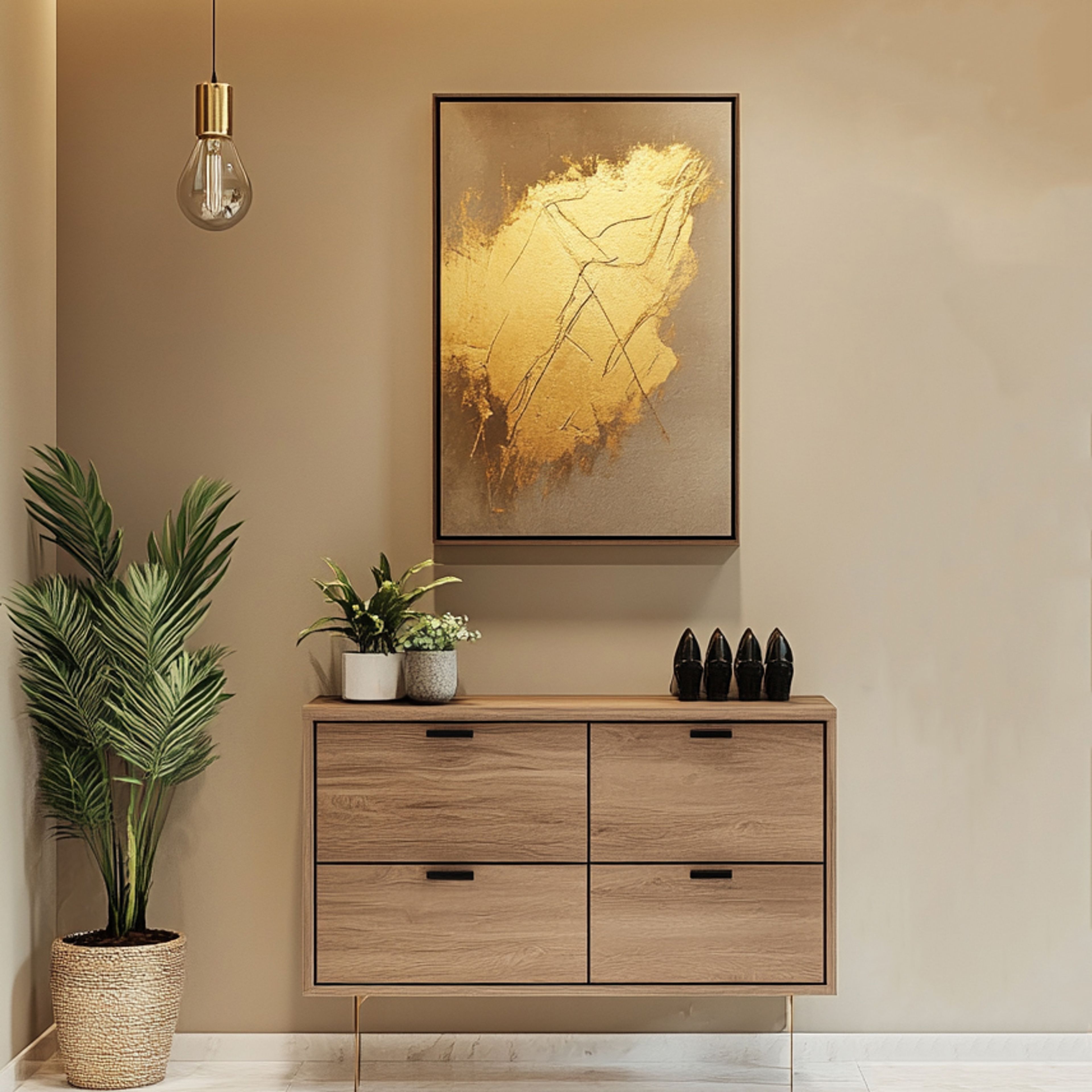 Foyer Design with Wooden Shoe Cabinet, Hanging Lights, and Wall Art